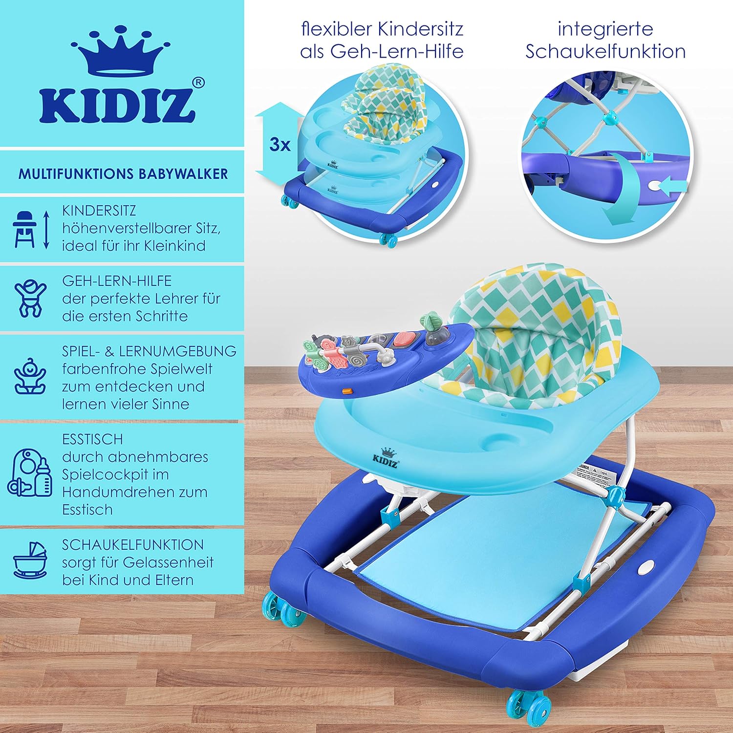 KIDIZ® 4in1 Lauflernhilfe Babywalker Spiel- und Lauflernwagen Gehfrei Schaukelfunktion Babywippe mit Rollen, Licht, Musik,Spielecenter Esstisch Laufstuhl Laufhilfe babys ab 6 Monaten Klappbar Blau