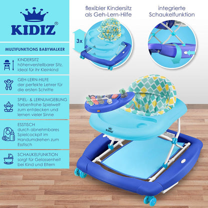 KIDIZ® 4in1 Lauflernhilfe Babywalker Spiel- und Lauflernwagen Gehfrei Schaukelfunktion Babywippe mit Rollen, Licht, Musik,Spielecenter Esstisch Laufstuhl Laufhilfe babys ab 6 Monaten Klappbar Blau