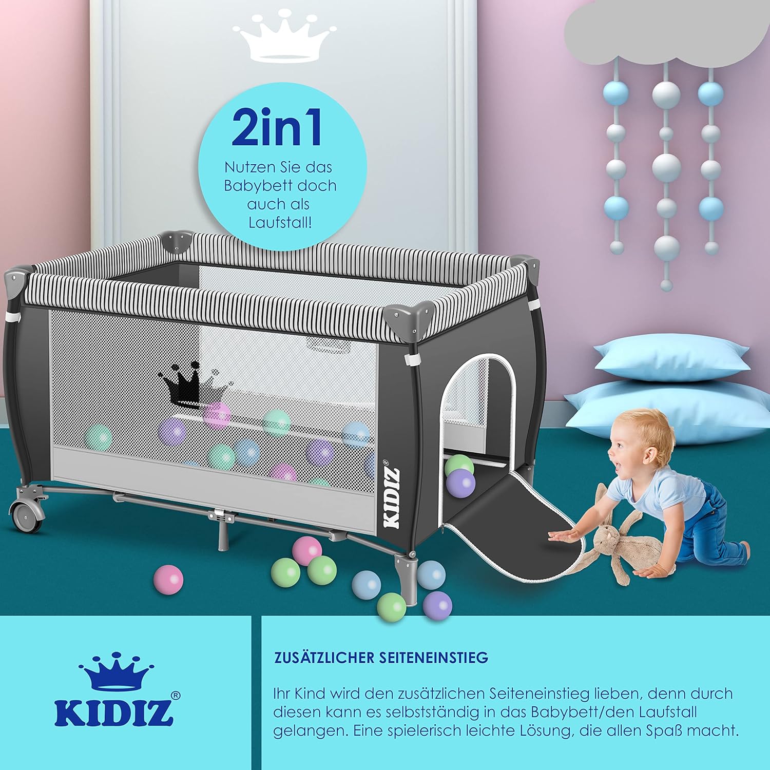 Kidiz® Babybett 3 in 1 Reisebett Kombi Set Baby Bett mit Wickelauflage Moskitonetz Laufstall Baby ab Geburt bis 15 kg luftige Seitenwände mit Seiteneingang Tragetasche zusammenklappbar, Grau