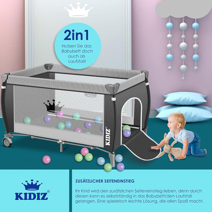Kidiz® Babybett 3 in 1 Reisebett Kombi Set Baby Bett mit Wickelauflage Moskitonetz Laufstall Baby ab Geburt bis 15 kg luftige Seitenwände mit Seiteneingang Tragetasche zusammenklappbar, Grau