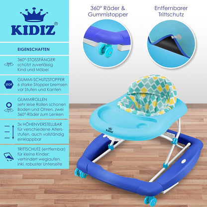 KIDIZ® 4in1 Lauflernhilfe Babywalker Spiel- und Lauflernwagen Gehfrei Schaukelfunktion Babywippe mit Rollen, Licht, Musik,Spielecenter Esstisch Laufstuhl Laufhilfe babys ab 6 Monaten Klappbar Blau