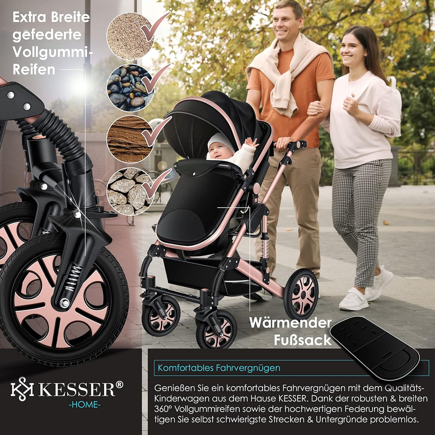 KESSER® Loops 3 in 1 Kinderwagen Kombikinderwagen Komplett-Set inkl. Babywanne & Buggy Sportsitz & Auto-Babyschale Voll-Gummireifen Wickeltasche Regenschutz Kindertisch ECE R129, Schwarz/Rosé Gold