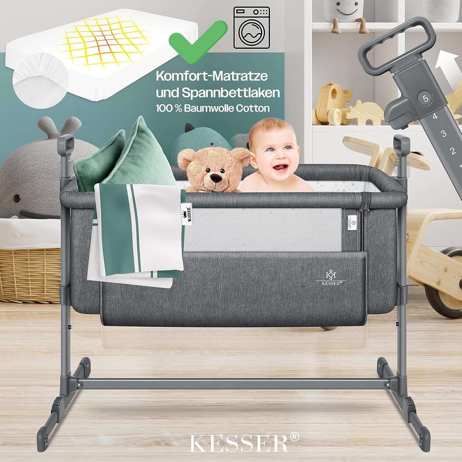 KESSER® Zustellbett Hubi 3in1 Baby Beistellbett Reisebett Babybett mit weich Matratze, mit Rollen Kinderbett, 5-Fach Höhenverstellung, Faltbare Seitenwand für Zuhause und Unterwegs, Dunkelgrau