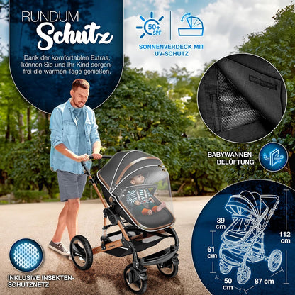 KIDUKU® 3 in 1 Kinderwagen XXL Komplettset | Kombikinderwagen Set inkl. Babywanne Buggy Sportsitz & Auto-Babyschale Fußsack | Vollgummireifen Wickeltasche Handwärmer Regenschutz Kindertisch ECE R129