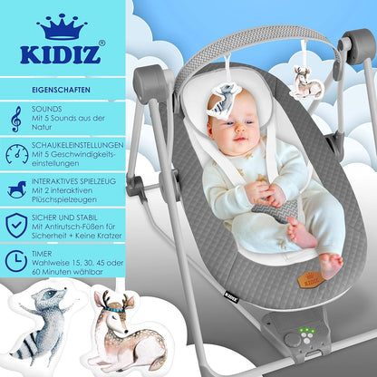 KIDIZ® Babywippe Babyschaukel mit 5 Geschwindigkeitseinstellungen zusammenklappbarer Baby Wippe Schaukel Babyhochstuhl mit Spielbogen Spielzeugen 5 beruhigende Naturgeräusche Anthrazit