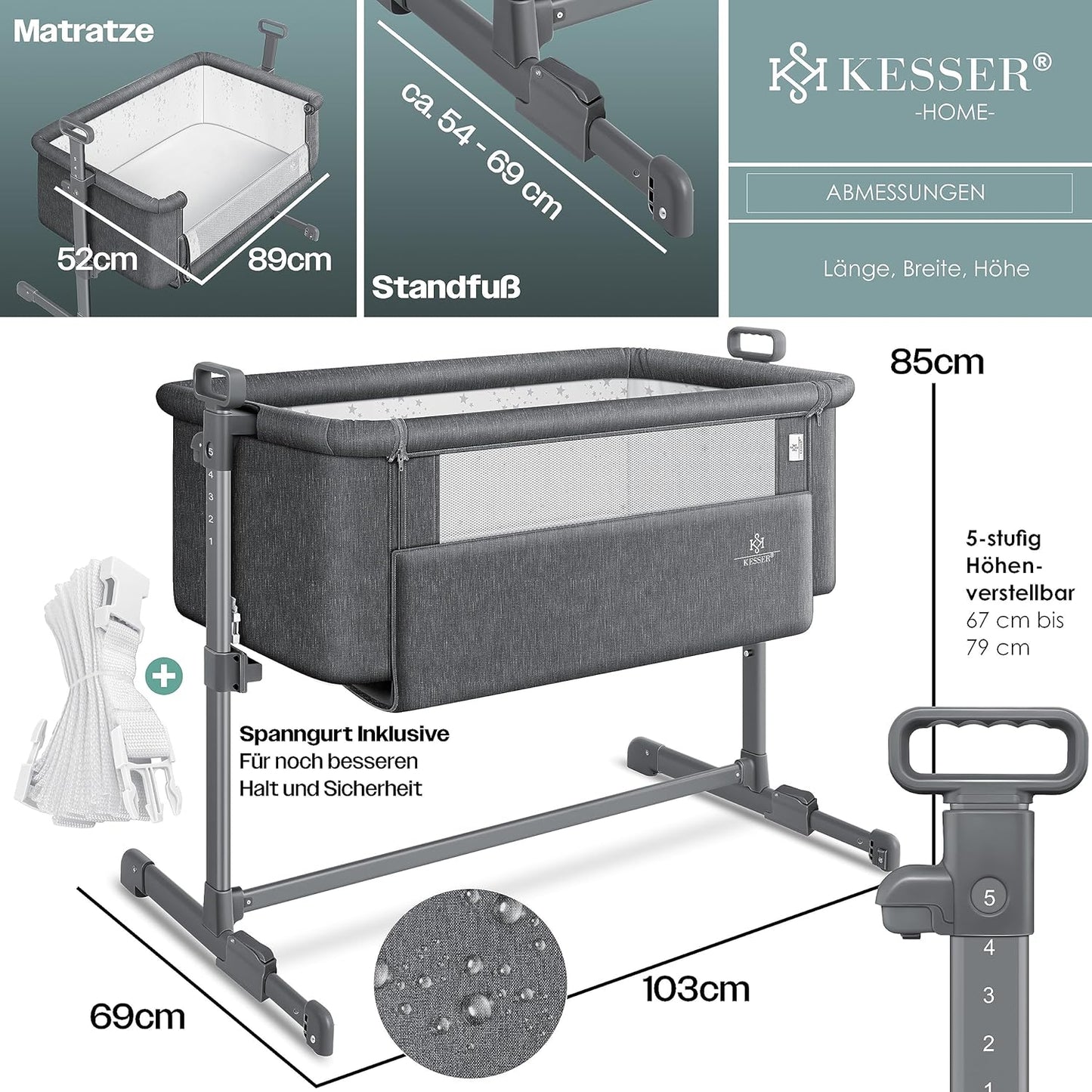 KESSER® Zustellbett Hubi 3in1 Baby Beistellbett Reisebett Babybett mit weich Matratze, mit Rollen Kinderbett, 5-Fach Höhenverstellung, Faltbare Seitenwand für Zuhause und Unterwegs, Dunkelgrau