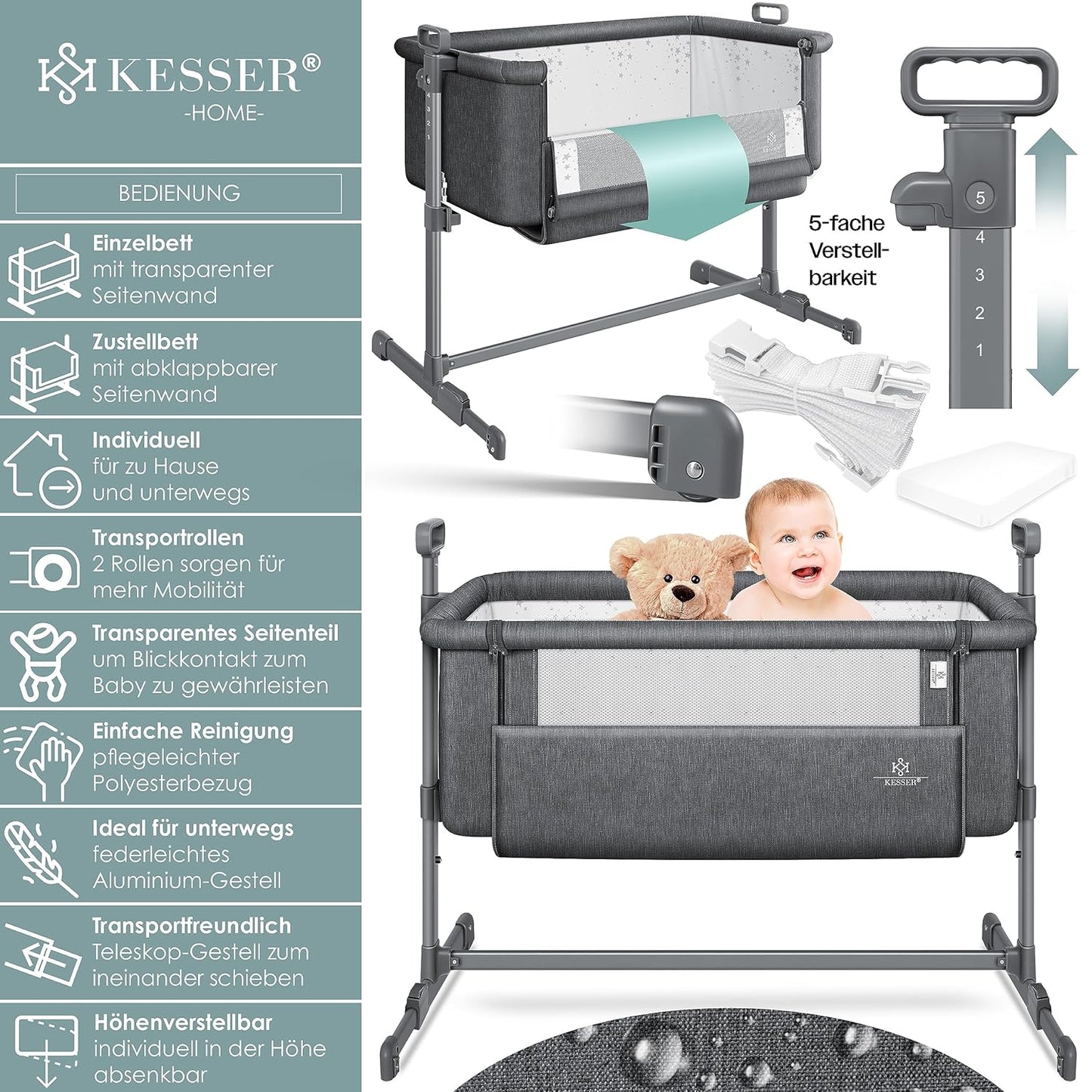 KESSER® Zustellbett Hubi 3in1 Baby Beistellbett Reisebett Babybett mit weich Matratze, mit Rollen Kinderbett, 5-Fach Höhenverstellung, Faltbare Seitenwand für Zuhause und Unterwegs, Dunkelgrau