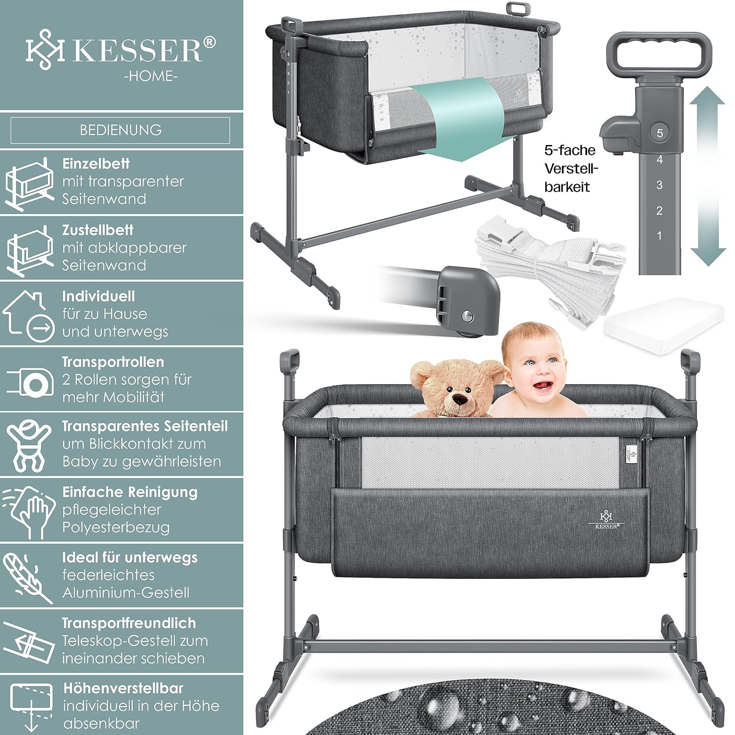 KESSER® Zustellbett Hubi 3in1 Baby Beistellbett Reisebett Babybett mit weich Matratze, mit Rollen Kinderbett, 5-Fach Höhenverstellung, Faltbare Seitenwand für Zuhause und Unterwegs, Dunkelgrau