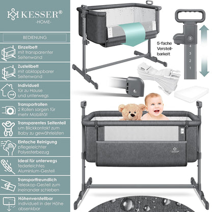 KESSER® Zustellbett Hubi 3in1 Baby Beistellbett Reisebett Babybett mit weich Matratze, mit Rollen Kinderbett, 5-Fach Höhenverstellung, Faltbare Seitenwand für Zuhause und Unterwegs, Dunkelgrau