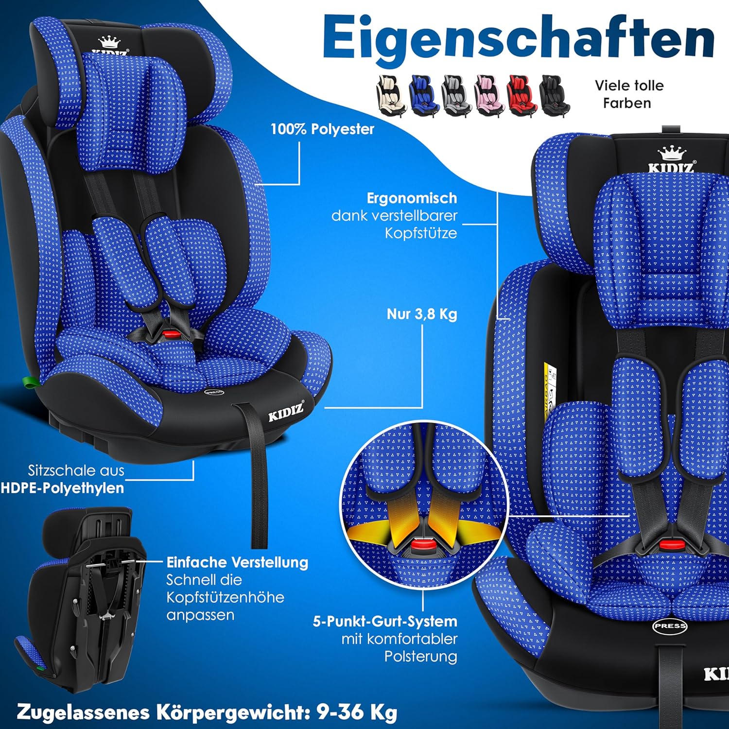 KIDIZ® Autokindersitz Triangle Premium Kindersitz Kinderautositz | Autositz Sitzschale | 9 kg - 36 kg 1-12 Jahre | Gruppe 1/2/3 | universal | zugelassen nach ECE R129/03