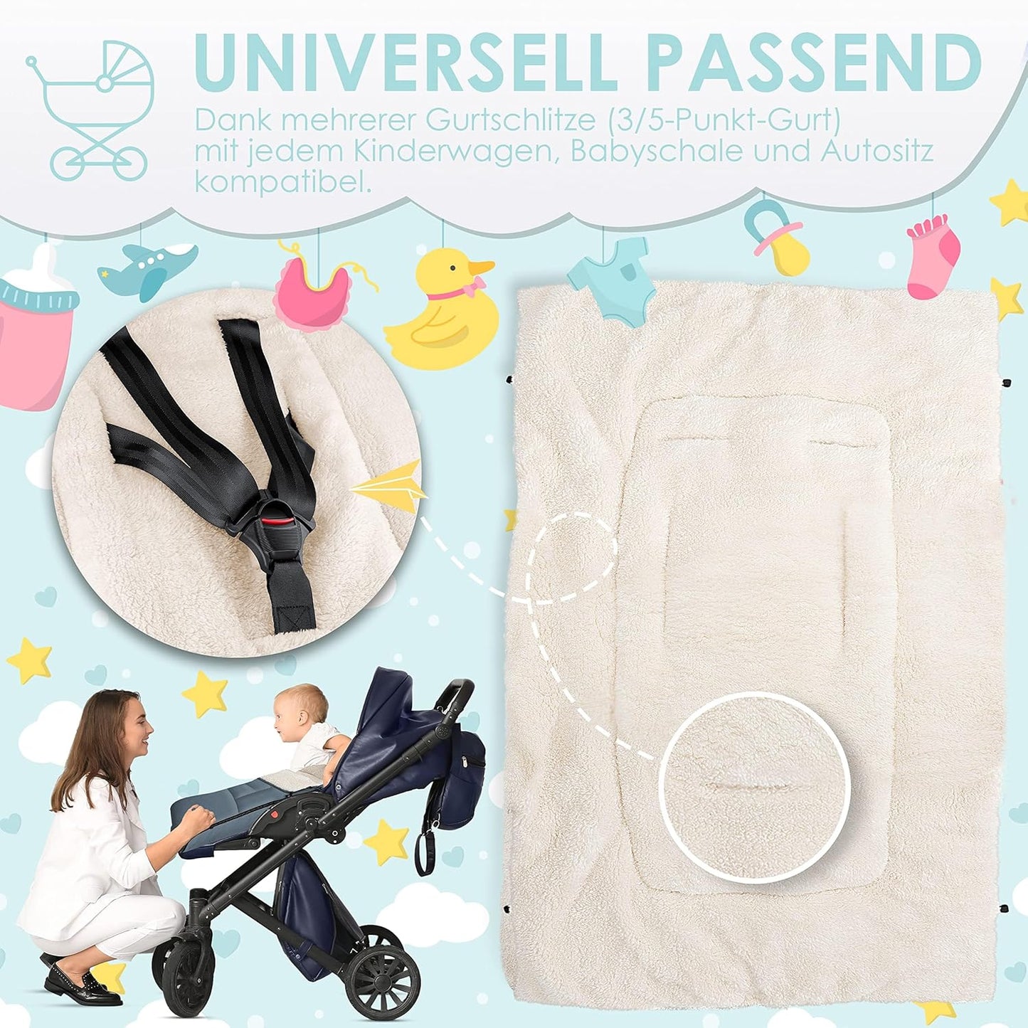 Kidiz® Babyfußsack Baby Fußsack Winterfußsack Babyschale mit Reißverschluss Kuschelsack Babydecke Kinderwagen waschbar verschließbarer Kopfteil,Tasche, passend für alle Kinderwagen, Grau