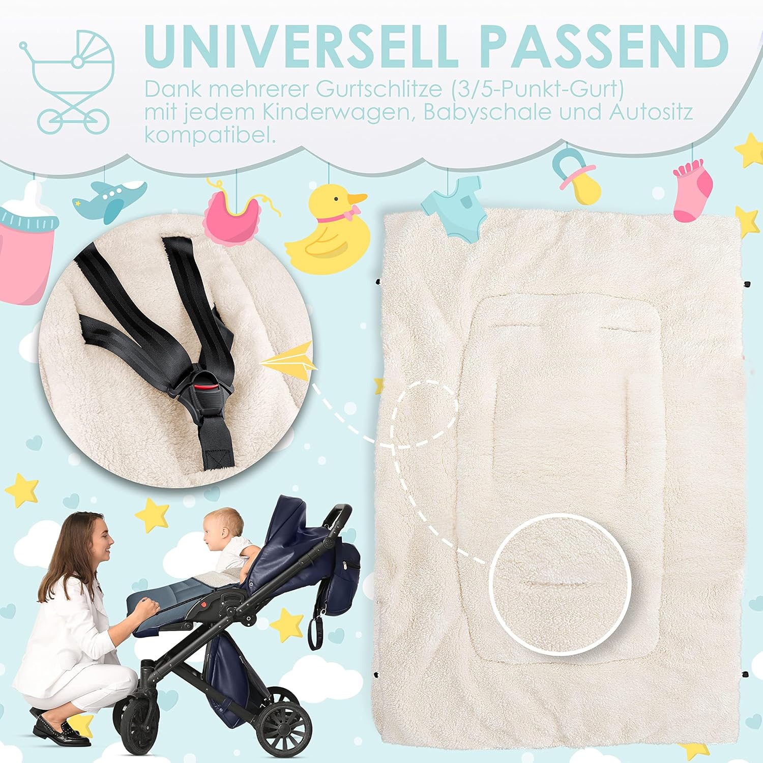 Kidiz® Babyfußsack Baby Fußsack Winterfußsack Babyschale mit Reißverschluss Kuschelsack Babydecke Kinderwagen waschbar verschließbarer Kopfteil,Tasche, passend für alle Kinderwagen, Grau