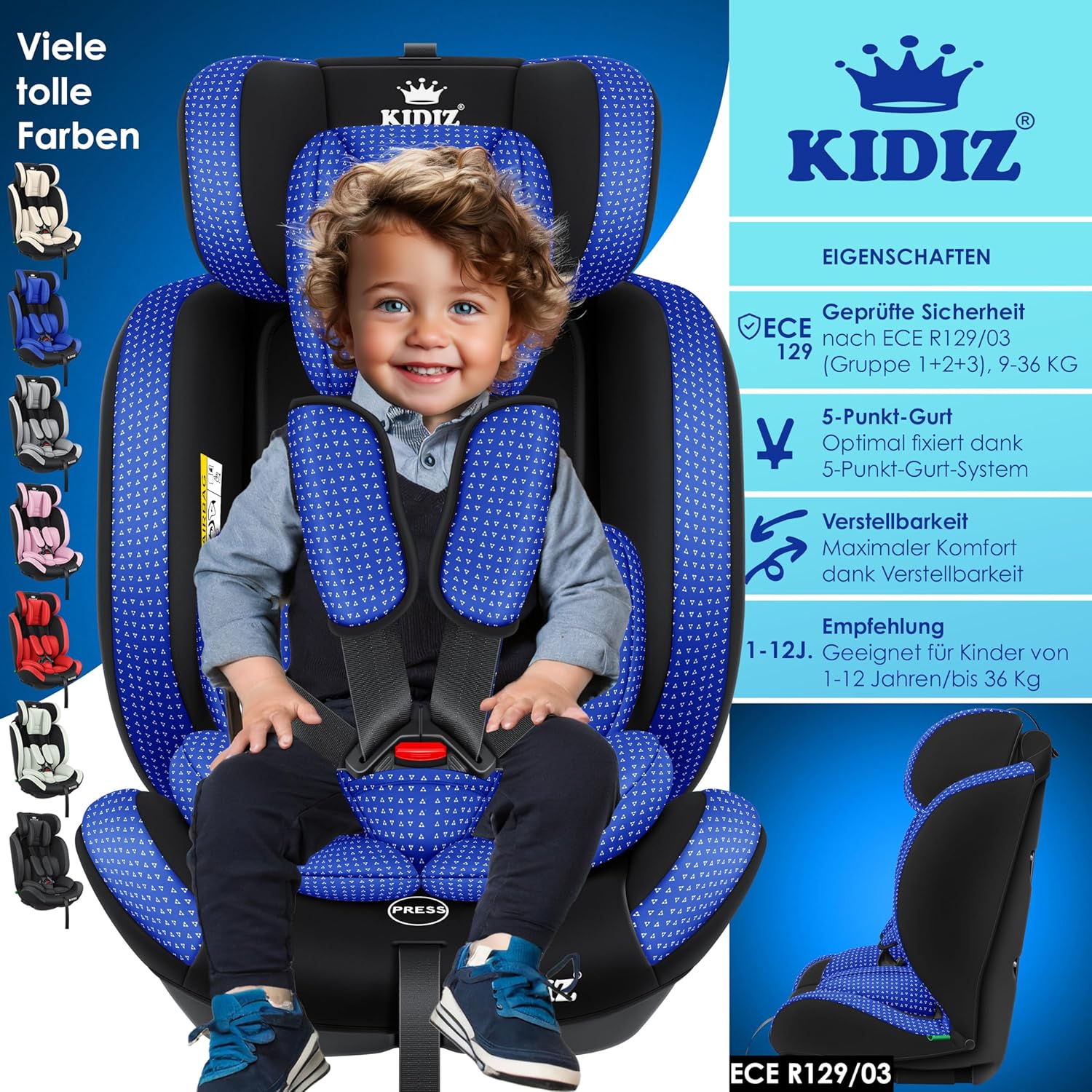KIDIZ® Autokindersitz Triangle Premium Kindersitz Kinderautositz | Autositz Sitzschale | 9 kg - 36 kg 1-12 Jahre | Gruppe 1/2/3 | universal | zugelassen nach ECE R129/03