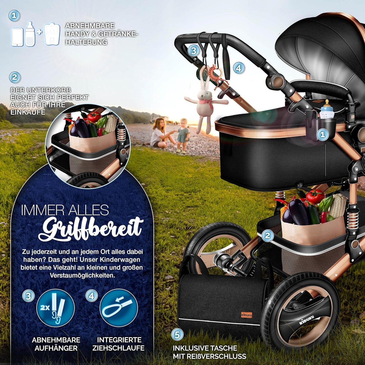 KIDUKU® 3 in 1 Kinderwagen XXL Komplettset | Kombikinderwagen Set inkl. Babywanne Buggy Sportsitz & Auto-Babyschale Fußsack | Vollgummireifen Wickeltasche Handwärmer Regenschutz Kindertisch ECE R129