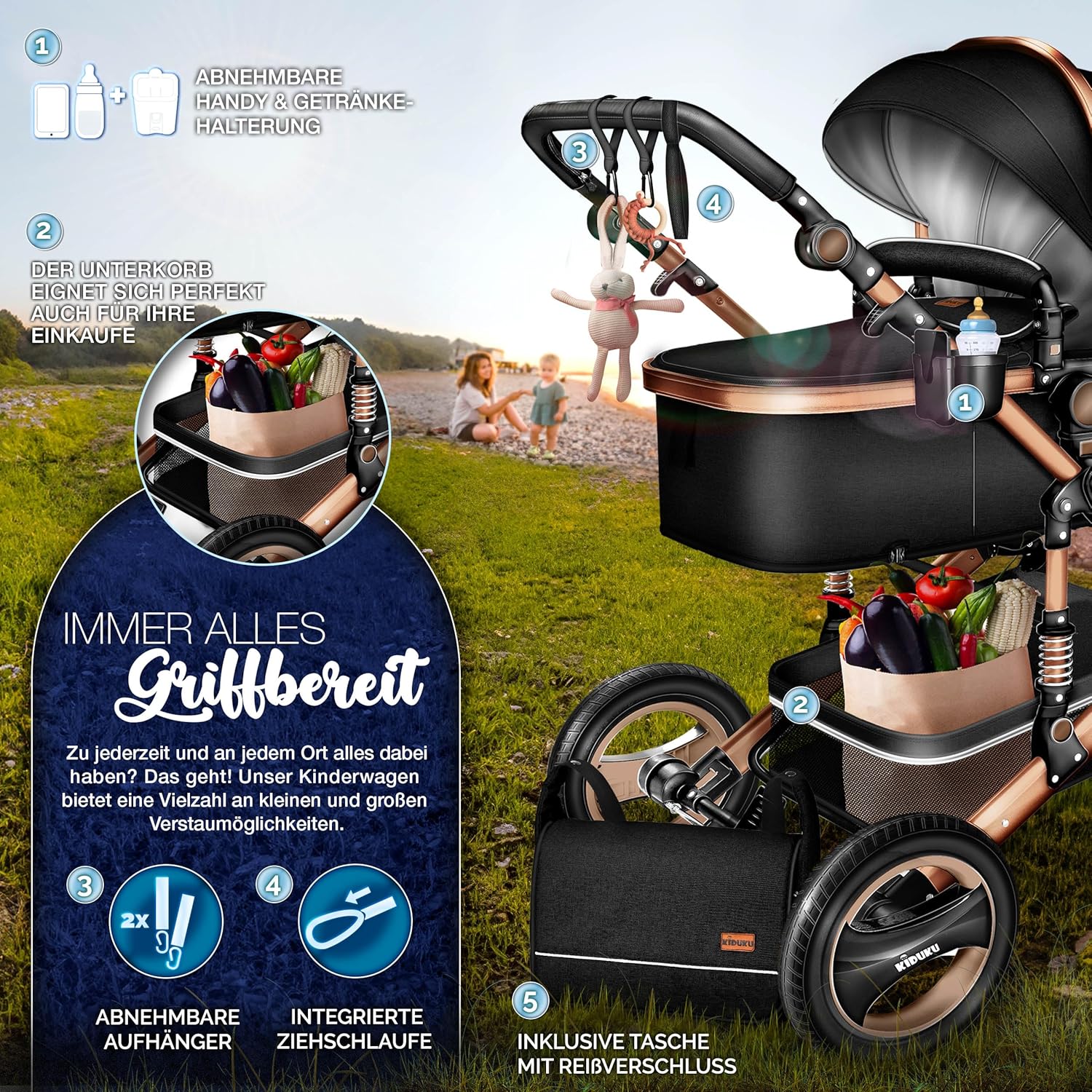 KIDUKU® 3 in 1 Kinderwagen XXL Komplettset | Kombikinderwagen Set inkl. Babywanne Buggy Sportsitz & Auto-Babyschale Fußsack | Vollgummireifen Wickeltasche Handwärmer Regenschutz Kindertisch ECE R129