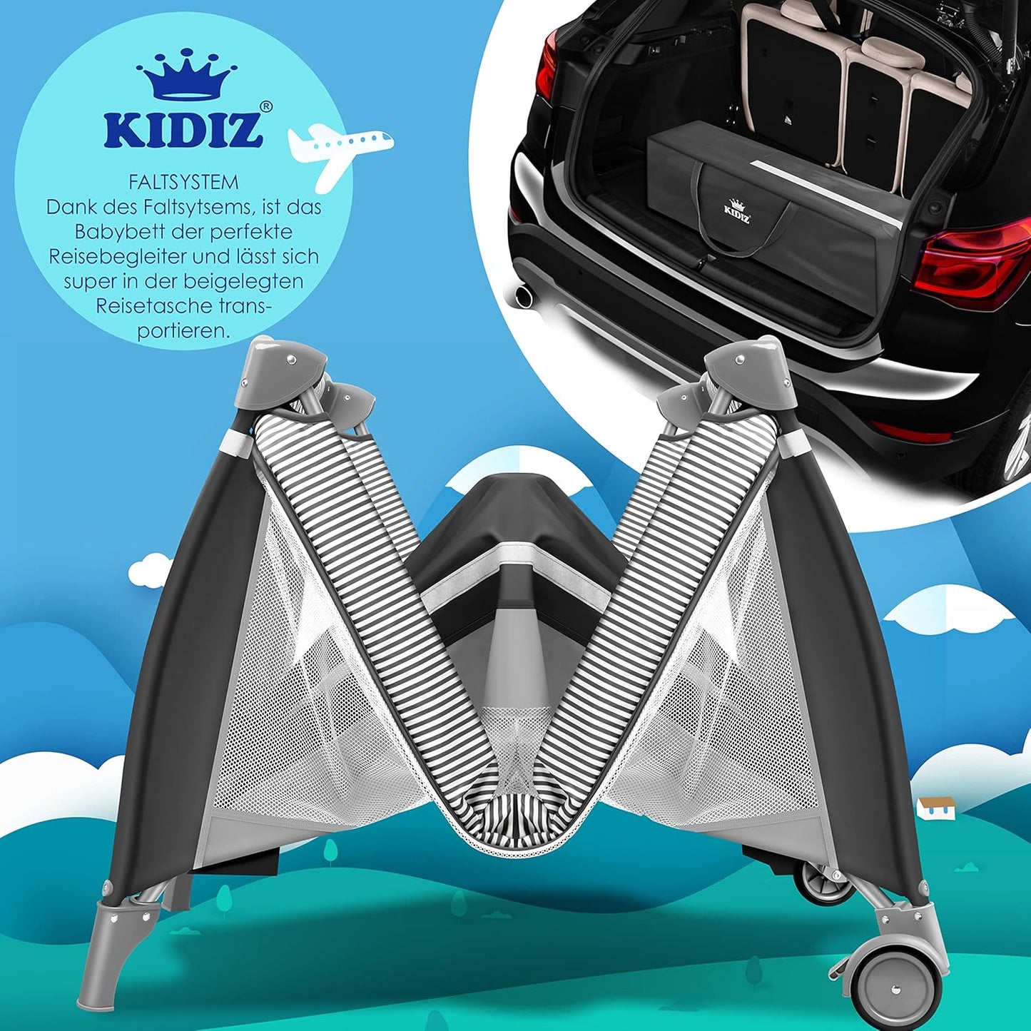 Kidiz® Babybett 3 in 1 Reisebett Kombi Set Baby Bett mit Wickelauflage Moskitonetz Laufstall Baby ab Geburt bis 15 kg luftige Seitenwände mit Seiteneingang Tragetasche zusammenklappbar, Grau