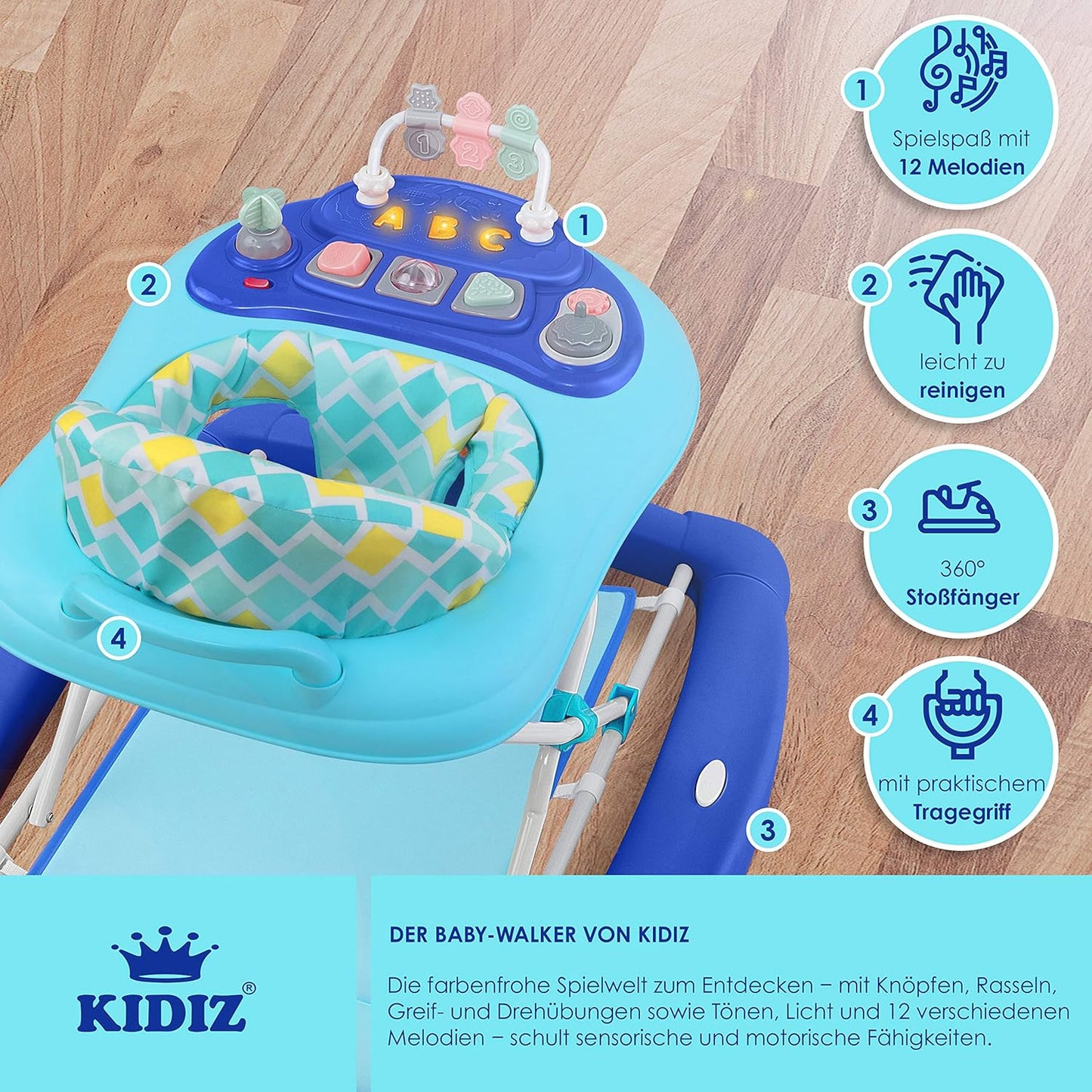 KIDIZ® 4in1 Lauflernhilfe Babywalker Spiel- und Lauflernwagen Gehfrei Schaukelfunktion Babywippe mit Rollen, Licht, Musik,Spielecenter Esstisch Laufstuhl Laufhilfe babys ab 6 Monaten Klappbar Blau