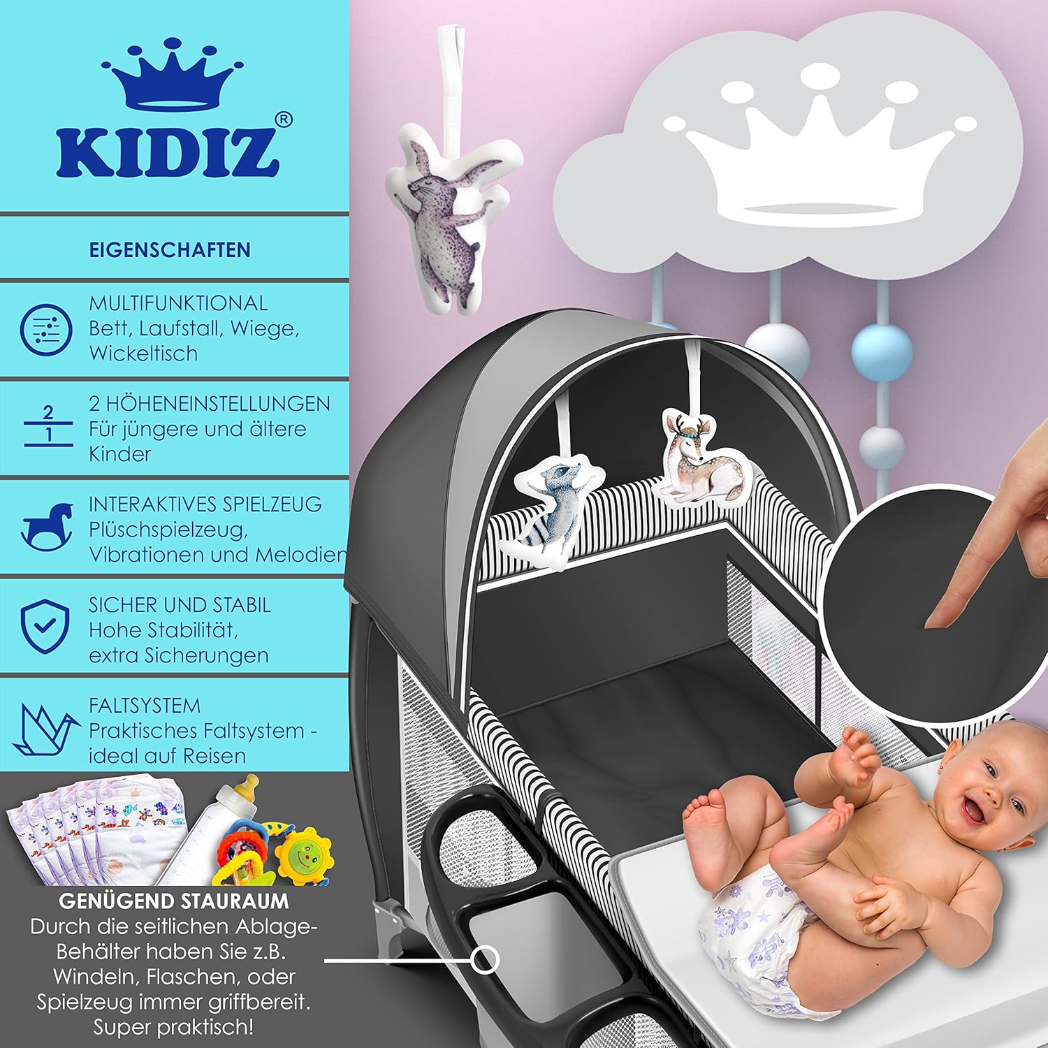 Kidiz® Babybett 3 in 1 Reisebett Kombi Set Baby Bett mit Wickelauflage Moskitonetz Laufstall Baby ab Geburt bis 15 kg luftige Seitenwände mit Seiteneingang Tragetasche zusammenklappbar, Grau