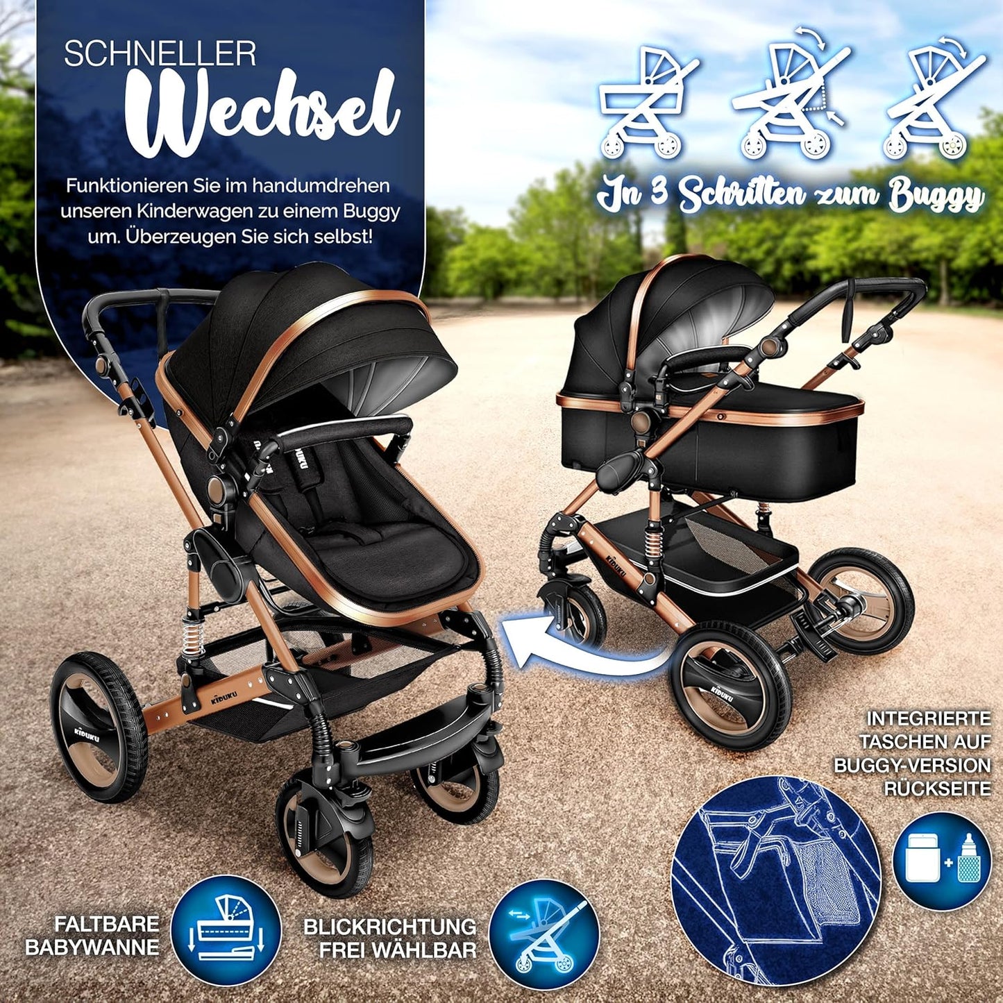 KIDUKU® 3 in 1 Kinderwagen XXL Komplettset | Kombikinderwagen Set inkl. Babywanne Buggy Sportsitz & Auto-Babyschale Fußsack | Vollgummireifen Wickeltasche Handwärmer Regenschutz Kindertisch ECE R129