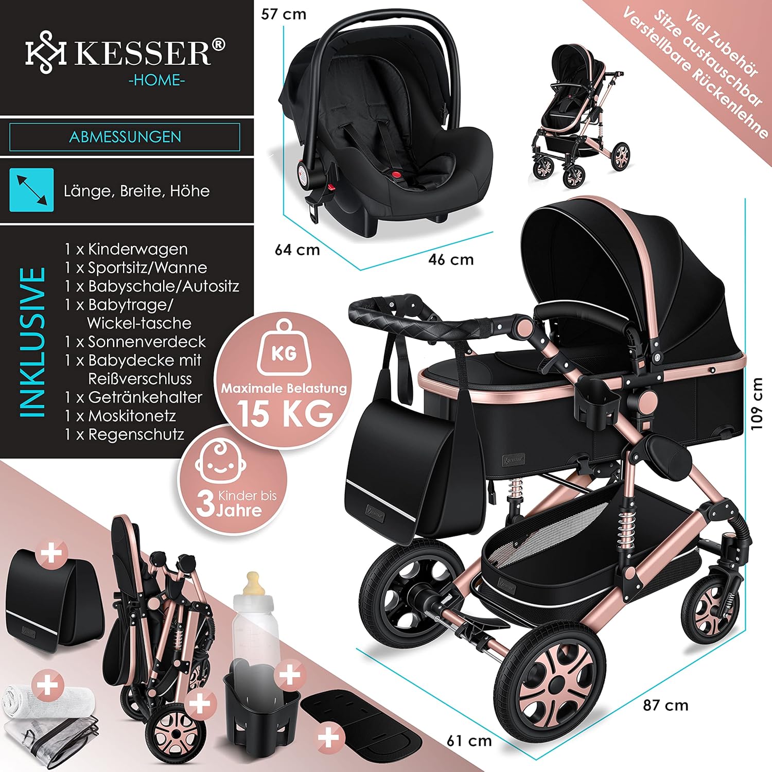 KESSER® Loops 3 in 1 Kinderwagen Kombikinderwagen Komplett-Set inkl. Babywanne & Buggy Sportsitz & Auto-Babyschale Voll-Gummireifen Wickeltasche Regenschutz Kindertisch ECE R129, Schwarz/Rosé Gold