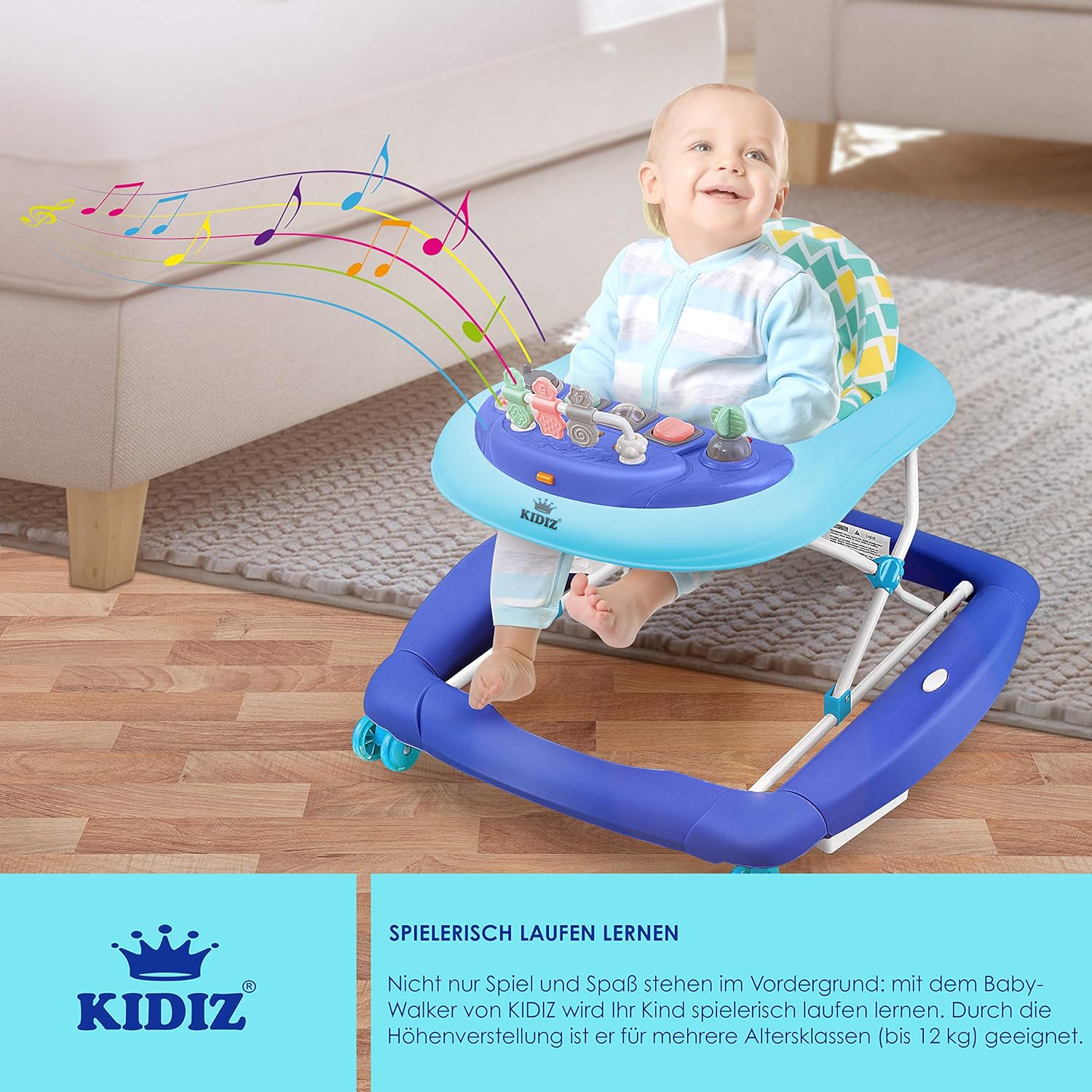 KIDIZ® 4in1 Lauflernhilfe Babywalker Spiel- und Lauflernwagen Gehfrei Schaukelfunktion Babywippe mit Rollen, Licht, Musik,Spielecenter Esstisch Laufstuhl Laufhilfe babys ab 6 Monaten Klappbar Blau