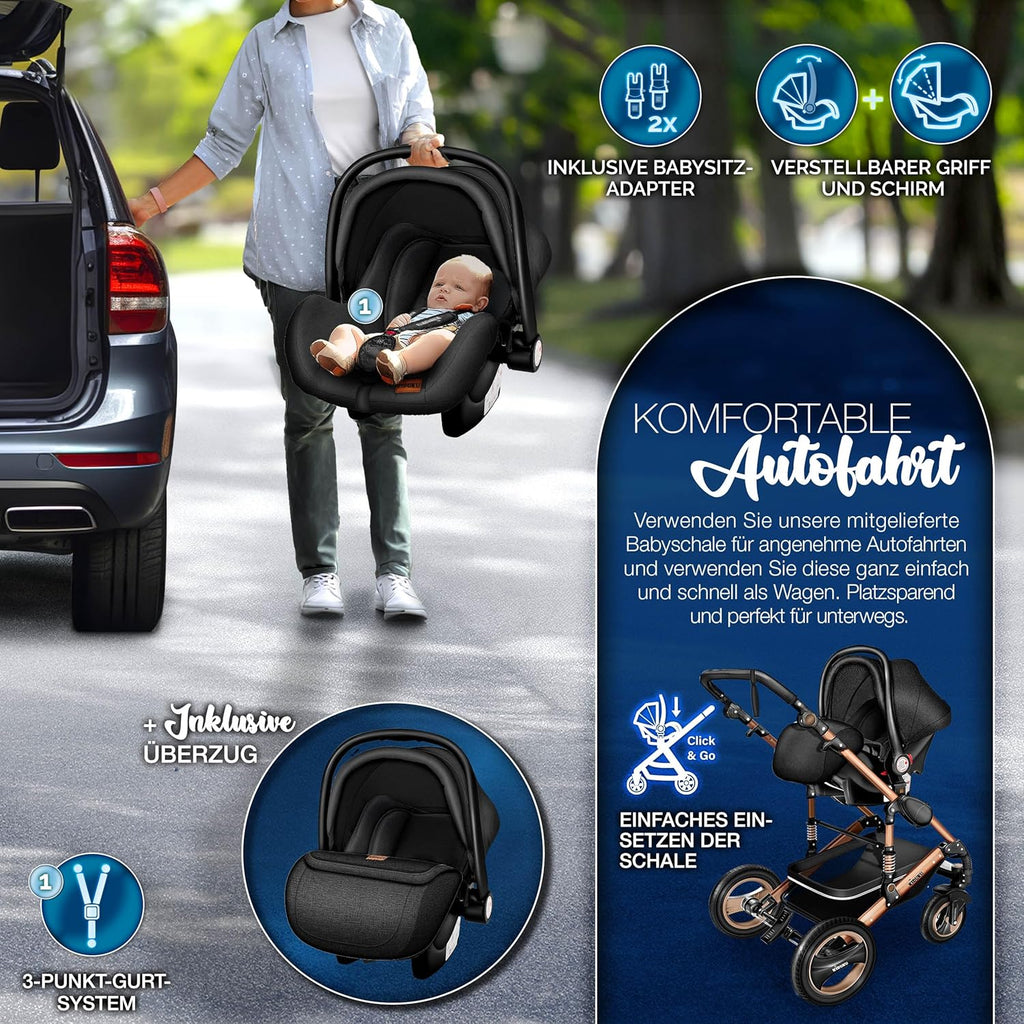KIDUKU® 3 in 1 Kinderwagen XXL Komplettset | Kombikinderwagen Set inkl. Babywanne Buggy Sportsitz & Auto-Babyschale Fußsack | Vollgummireifen Wickeltasche Handwärmer Regenschutz Kindertisch ECE R129