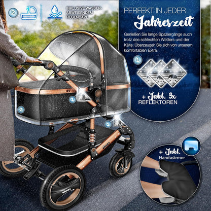 KIDUKU® 3 in 1 Kinderwagen XXL Komplettset | Kombikinderwagen Set inkl. Babywanne Buggy Sportsitz & Auto-Babyschale Fußsack | Vollgummireifen Wickeltasche Handwärmer Regenschutz Kindertisch ECE R129