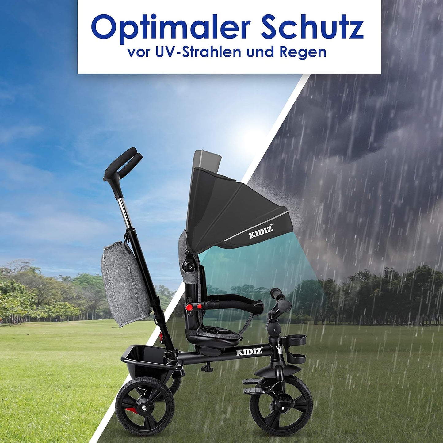 KIDIZ® Tricycle 5-in-1 Children's Tricycle with Push Bar Steering System Bar from 1 Year Forward and Reverse Ride Jogger, Basket Bag Drink Holder Sun Canopy Rubber Wheels, Buggy, Bicycle, Foldable