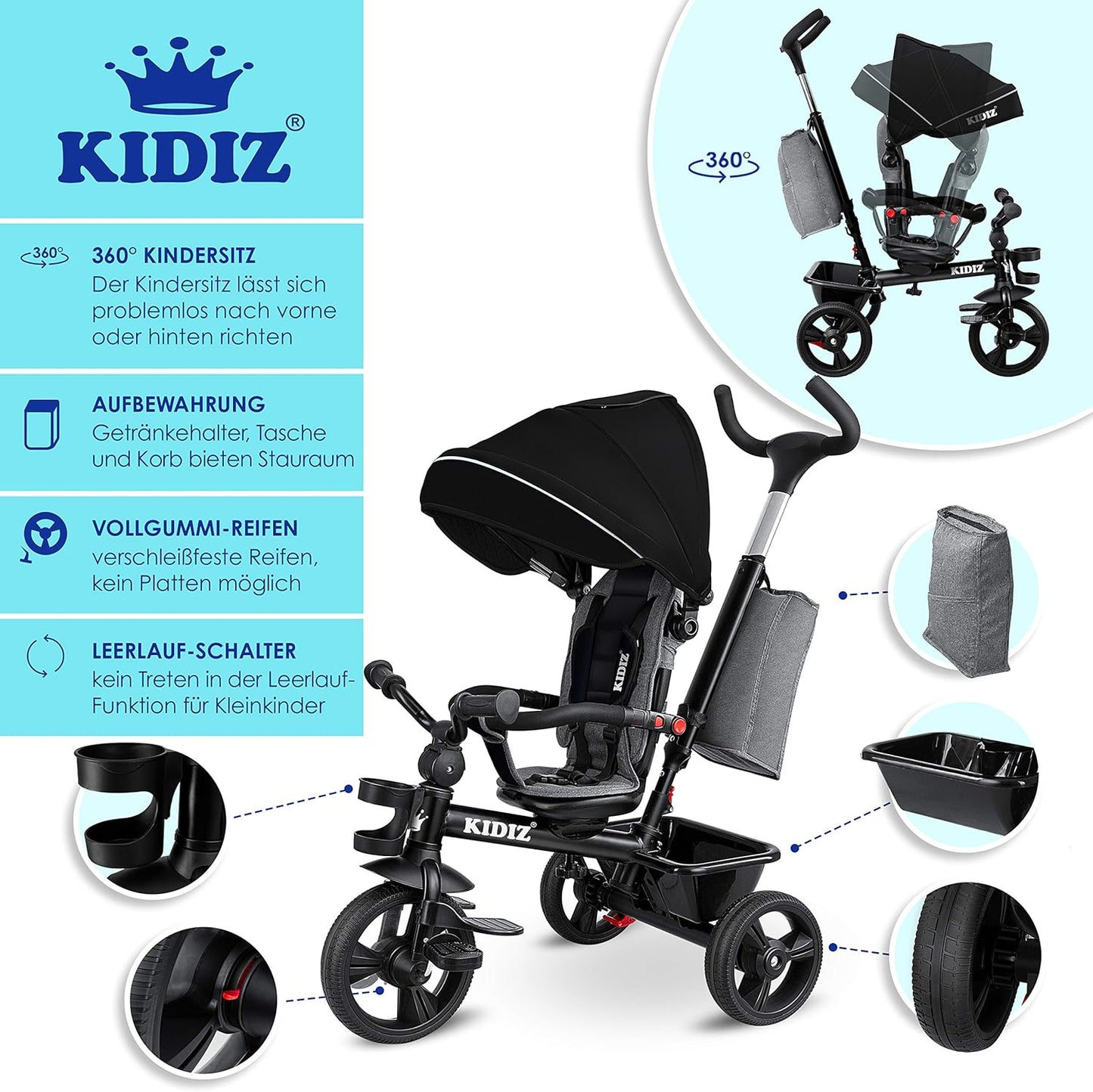 KIDIZ® Tricycle 5-in-1 Children's Tricycle with Push Bar Steering System Bar from 1 Year Forward and Reverse Ride Jogger, Basket Bag Drink Holder Sun Canopy Rubber Wheels, Buggy, Bicycle, Foldable