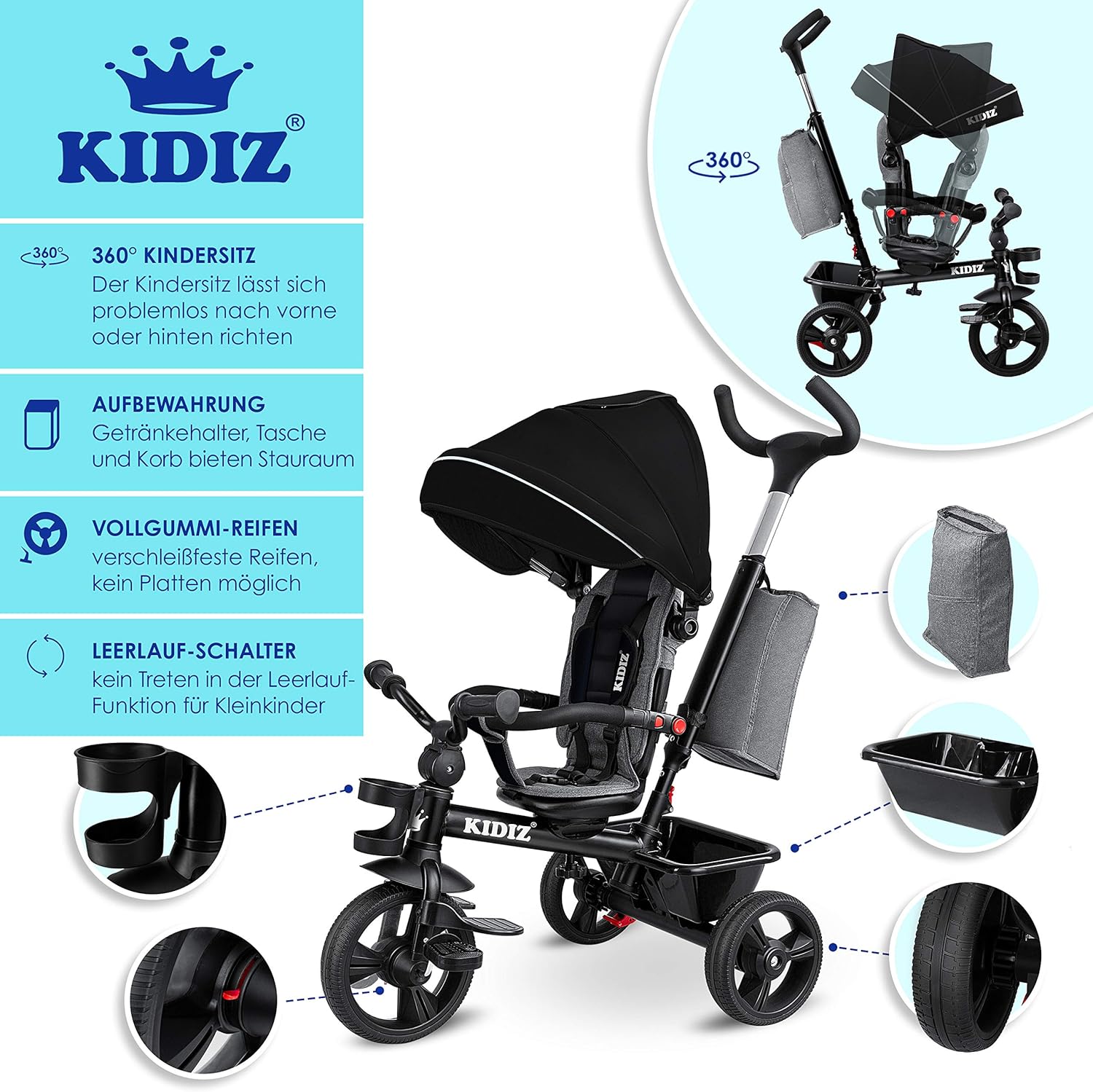 KIDIZ® Tricycle 5-in-1 Children's Tricycle with Push Bar Steering System Bar from 1 Year Forward and Reverse Ride Jogger, Basket Bag Drink Holder Sun Canopy Rubber Wheels, Buggy, Bicycle, Foldable