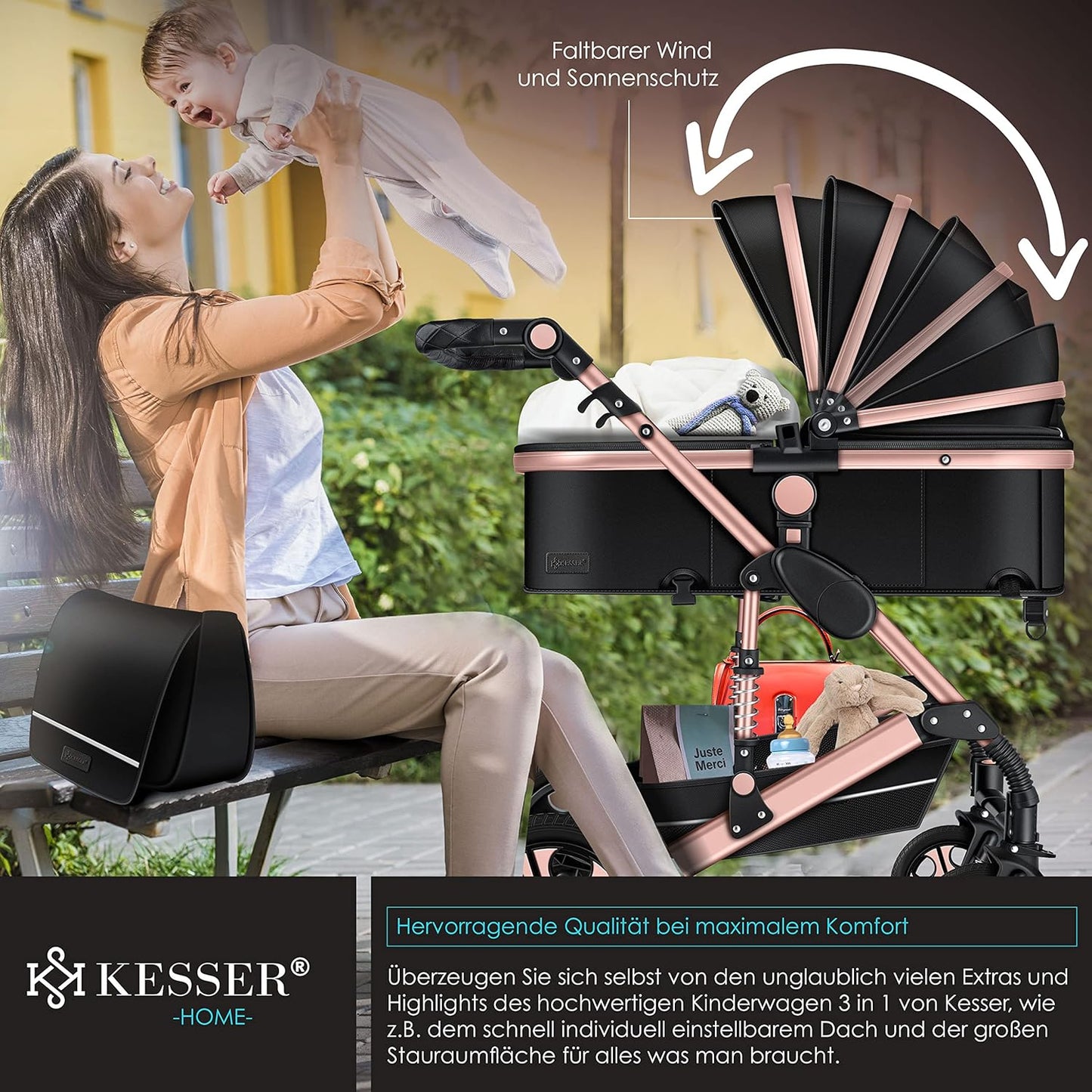 KESSER® Loops 3 in 1 Kinderwagen Kombikinderwagen Komplett-Set inkl. Babywanne & Buggy Sportsitz & Auto-Babyschale Voll-Gummireifen Wickeltasche Regenschutz Kindertisch ECE R129, Schwarz/Rosé Gold