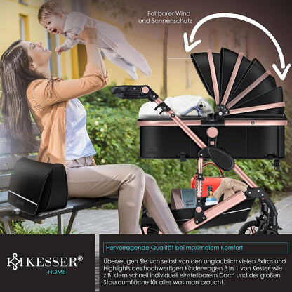 KESSER® Loops 3 in 1 Kinderwagen Kombikinderwagen Komplett-Set inkl. Babywanne & Buggy Sportsitz & Auto-Babyschale Voll-Gummireifen Wickeltasche Regenschutz Kindertisch ECE R129, Schwarz/Rosé Gold