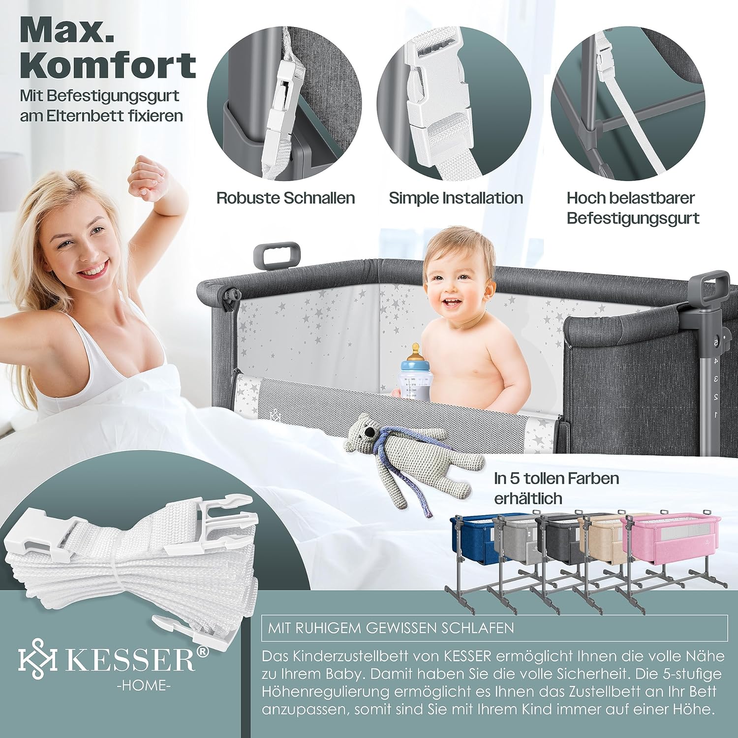 KESSER® Zustellbett Hubi 3in1 Baby Beistellbett Reisebett Babybett mit weich Matratze, mit Rollen Kinderbett, 5-Fach Höhenverstellung, Faltbare Seitenwand für Zuhause und Unterwegs, Dunkelgrau
