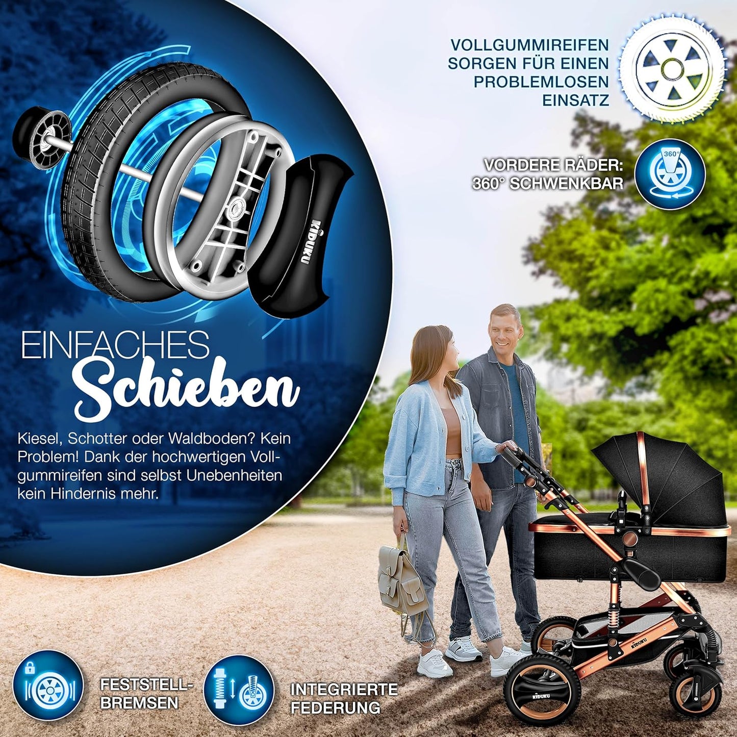 KIDUKU® 3 in 1 Kinderwagen XXL Komplettset | Kombikinderwagen Set inkl. Babywanne Buggy Sportsitz & Auto-Babyschale Fußsack | Vollgummireifen Wickeltasche Handwärmer Regenschutz Kindertisch ECE R129