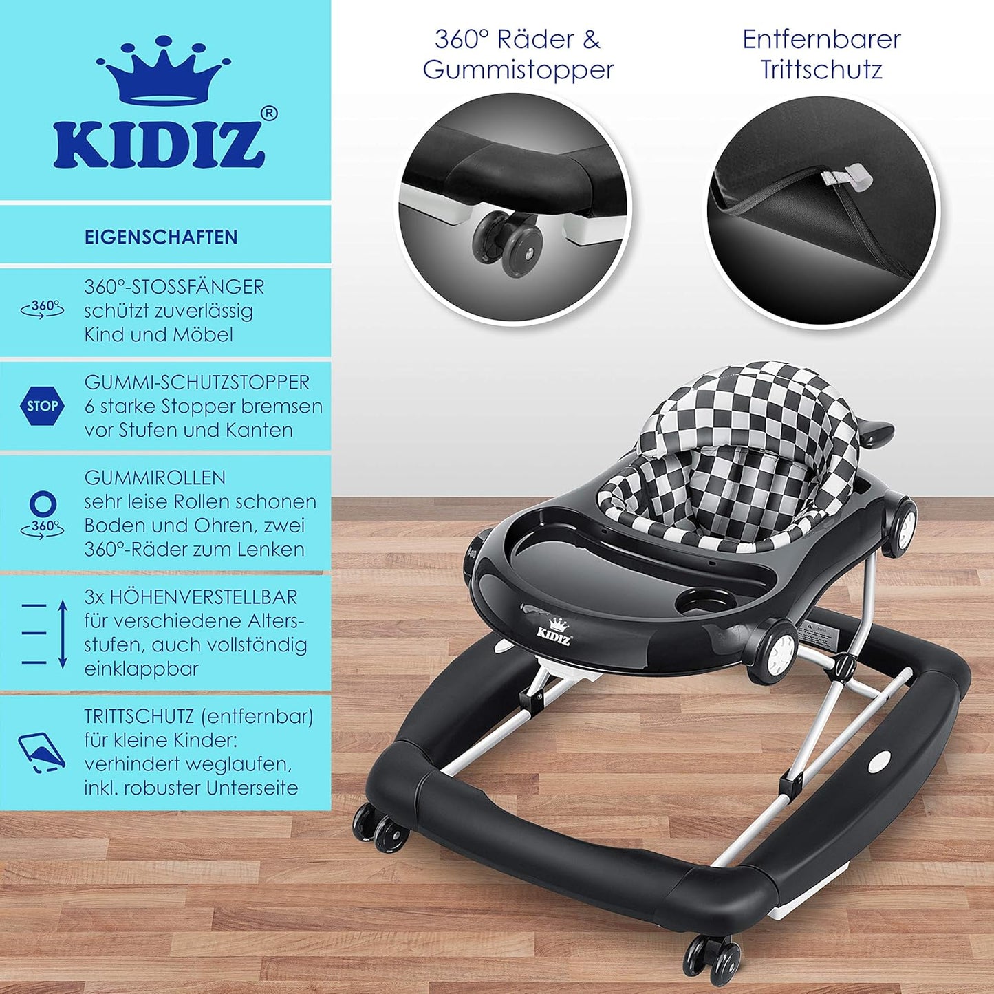 KIDIZ® 4in1 Lauflernhilfe Babywalker Spiel- und Lauflernwagen Gehfrei - Schaukelfunktion Babywippe mit Rollen, Licht, Musik,Spielecenter Esstisch Laufstuhl Laufhilfe babys ab 6 Monaten Klappbar