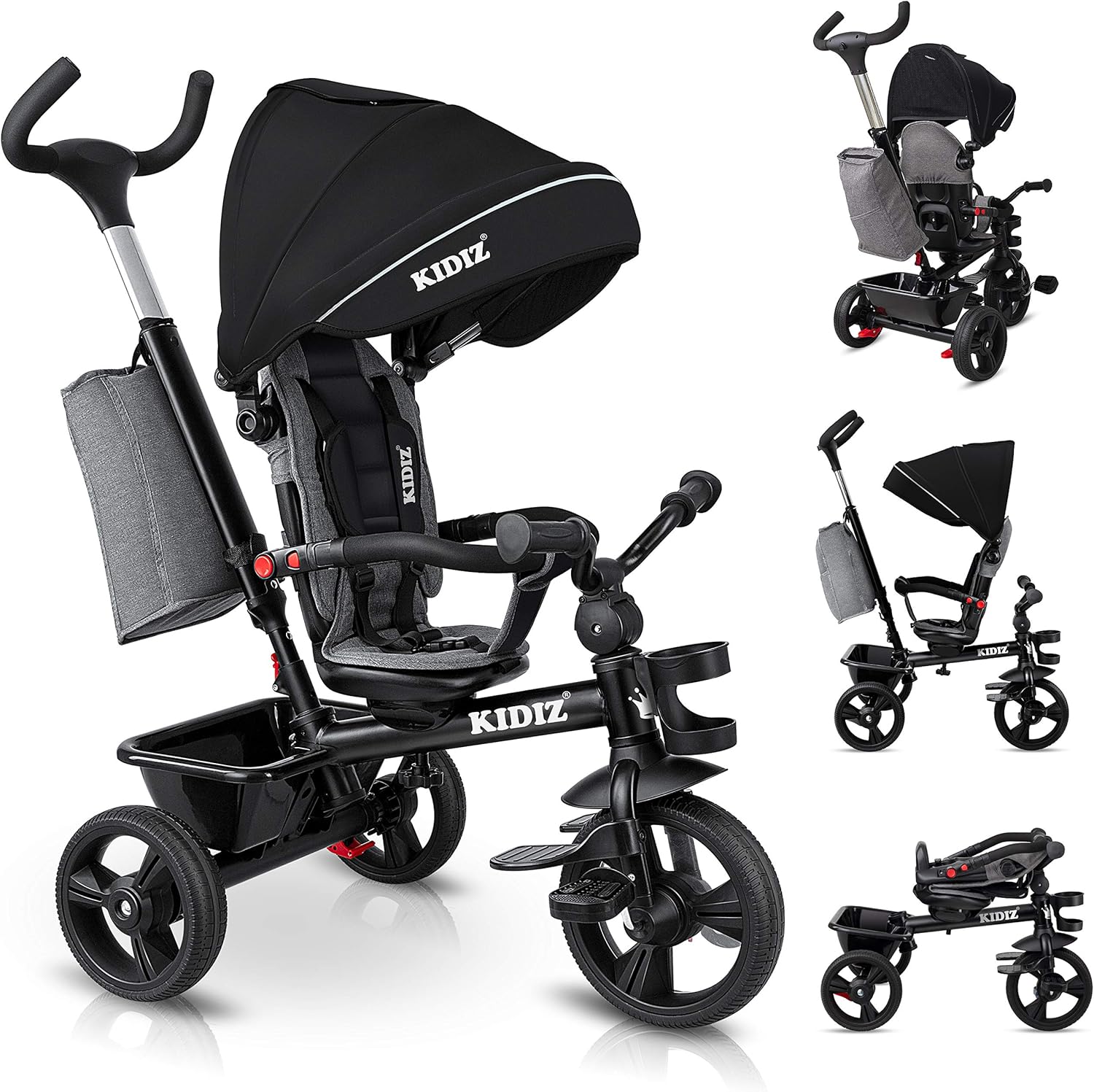 KIDIZ® Tricycle 5-in-1 Children's Tricycle with Push Bar Steering System Bar from 1 Year Forward and Reverse Ride Jogger, Basket Bag Drink Holder Sun Canopy Rubber Wheels, Buggy, Bicycle, Foldable