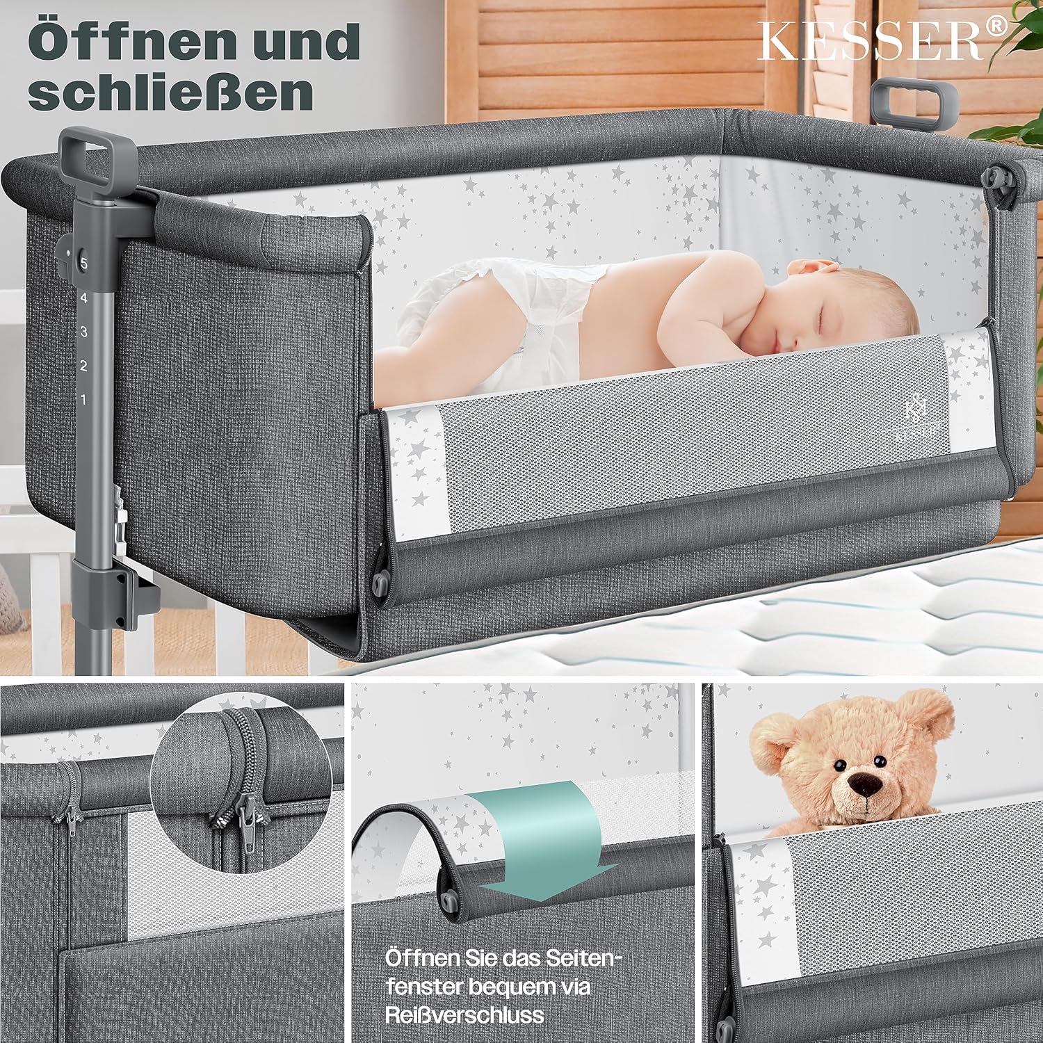 KESSER® Zustellbett Hubi 3in1 Baby Beistellbett Reisebett Babybett mit weich Matratze, mit Rollen Kinderbett, 5-Fach Höhenverstellung, Faltbare Seitenwand für Zuhause und Unterwegs, Dunkelgrau