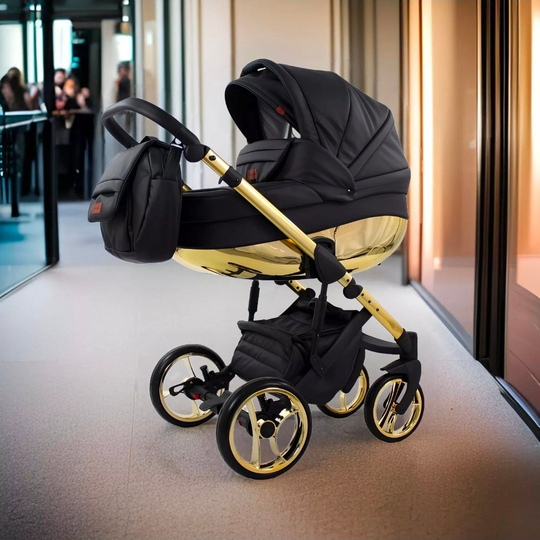 MOMMO AAA Kinderwagen 3in1 Öko-Leder – Cosmo I-Size-Sitz Schwarz/Gold plus
