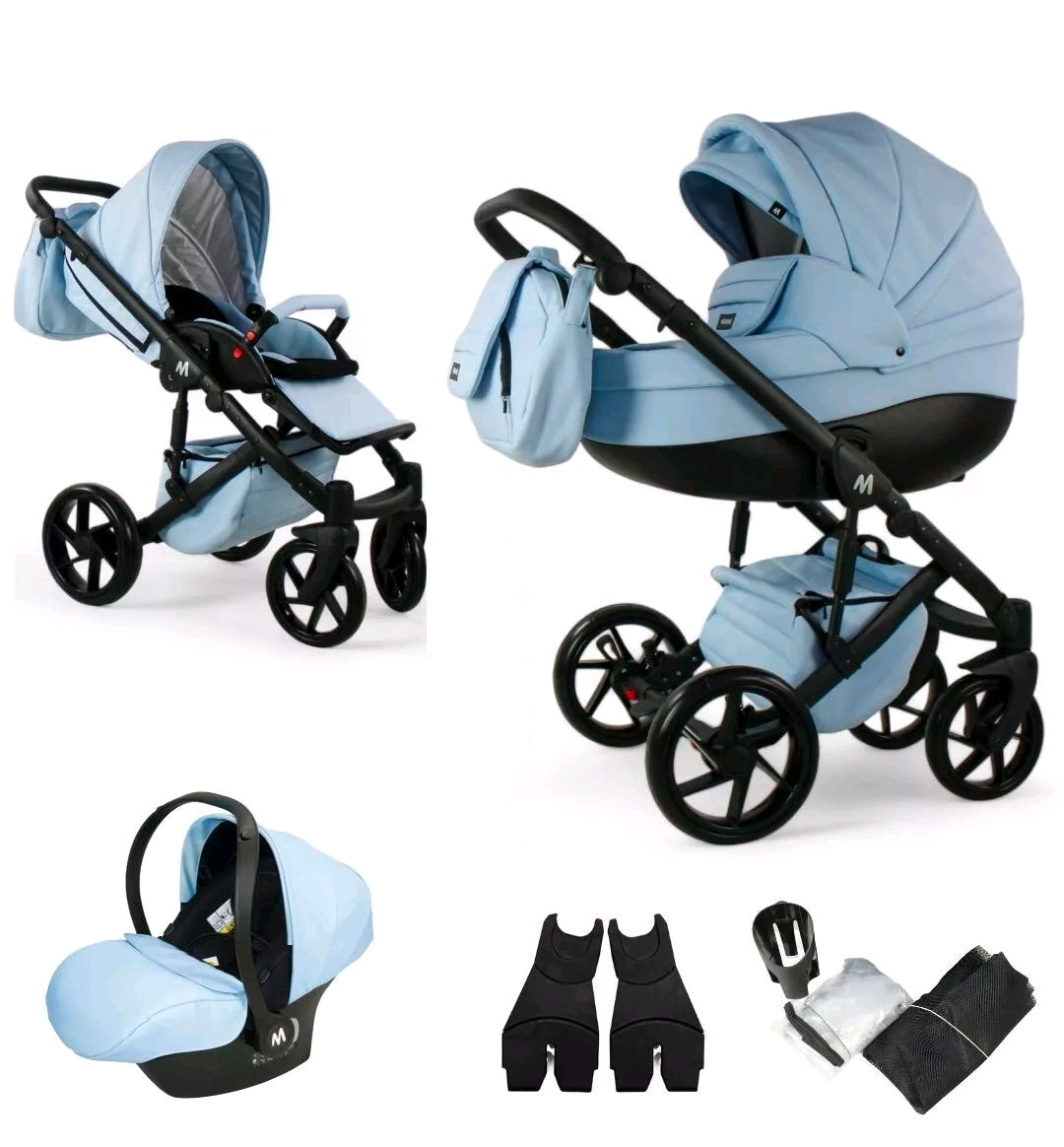 MOMMO AAA Kinderwagen 3in1 Öko-Leder – Cosmo I-Size-Sitz Schwarz/Gold plus