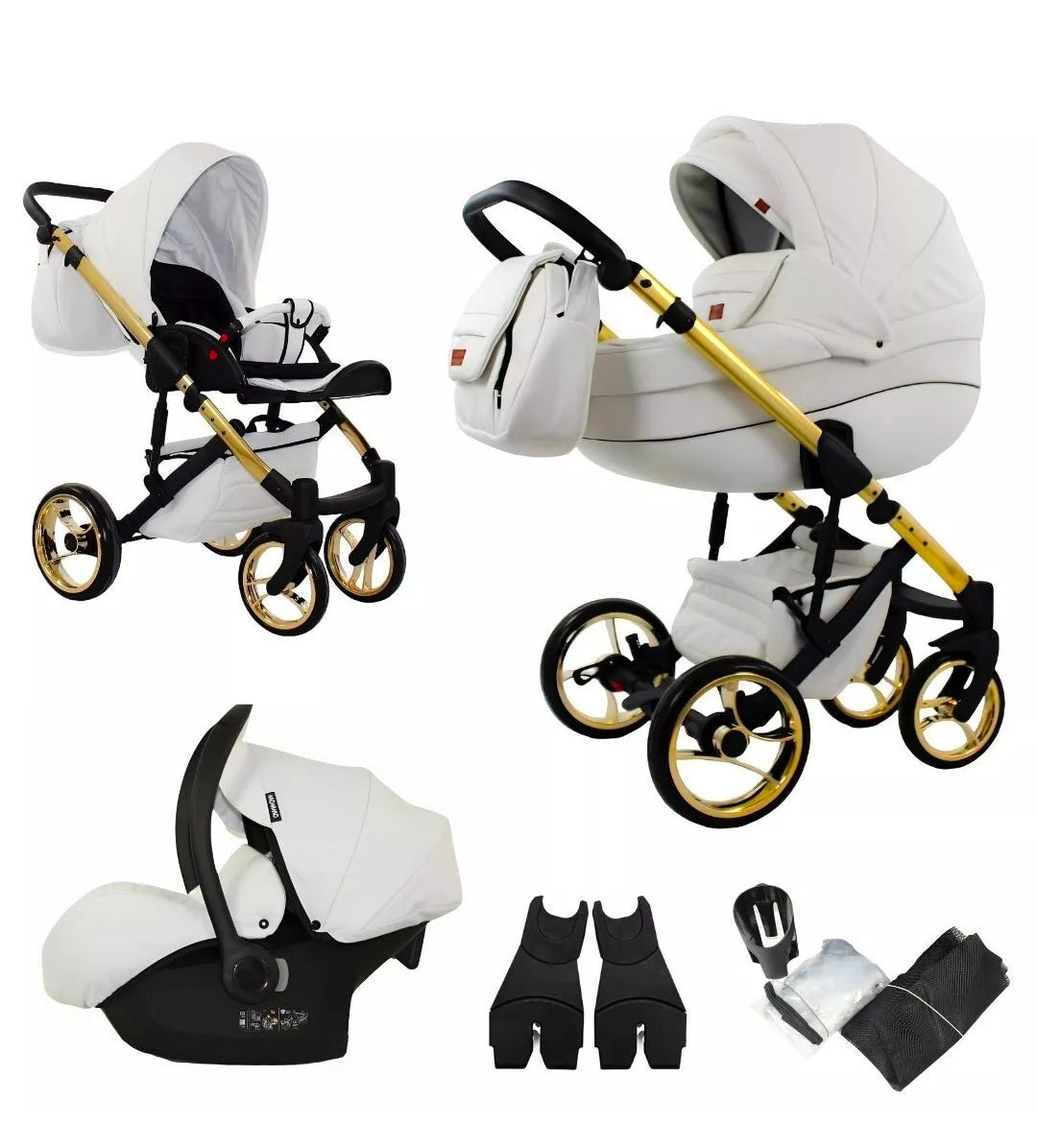 MOMMO AAA Kinderwagen 3in1 Öko-Leder – Cosmo I-Size-Sitz Schwarz/Gold plus