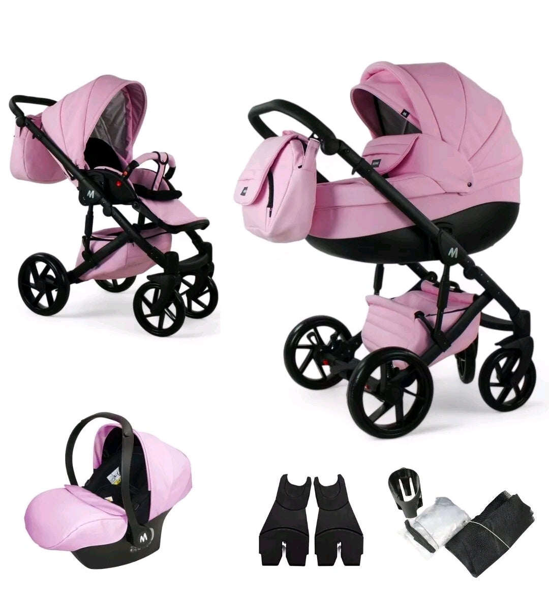 MOMMO AAA Kinderwagen 3in1 Öko-Leder – Cosmo I-Size-Sitz Schwarz/Gold plus
