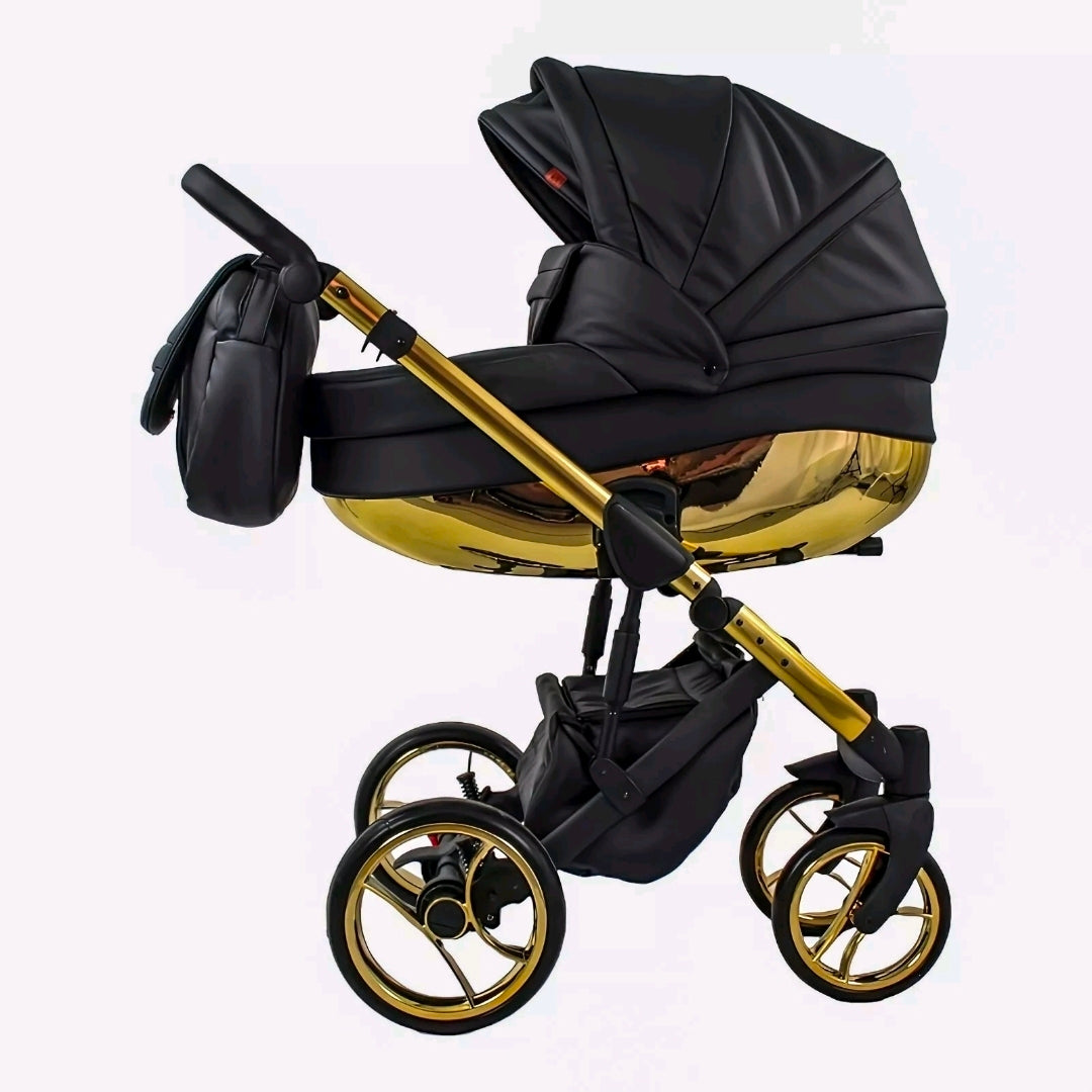 MOMMO AAA Kinderwagen 3in1 Öko-Leder – Cosmo I-Size-Sitz Schwarz/Gold plus
