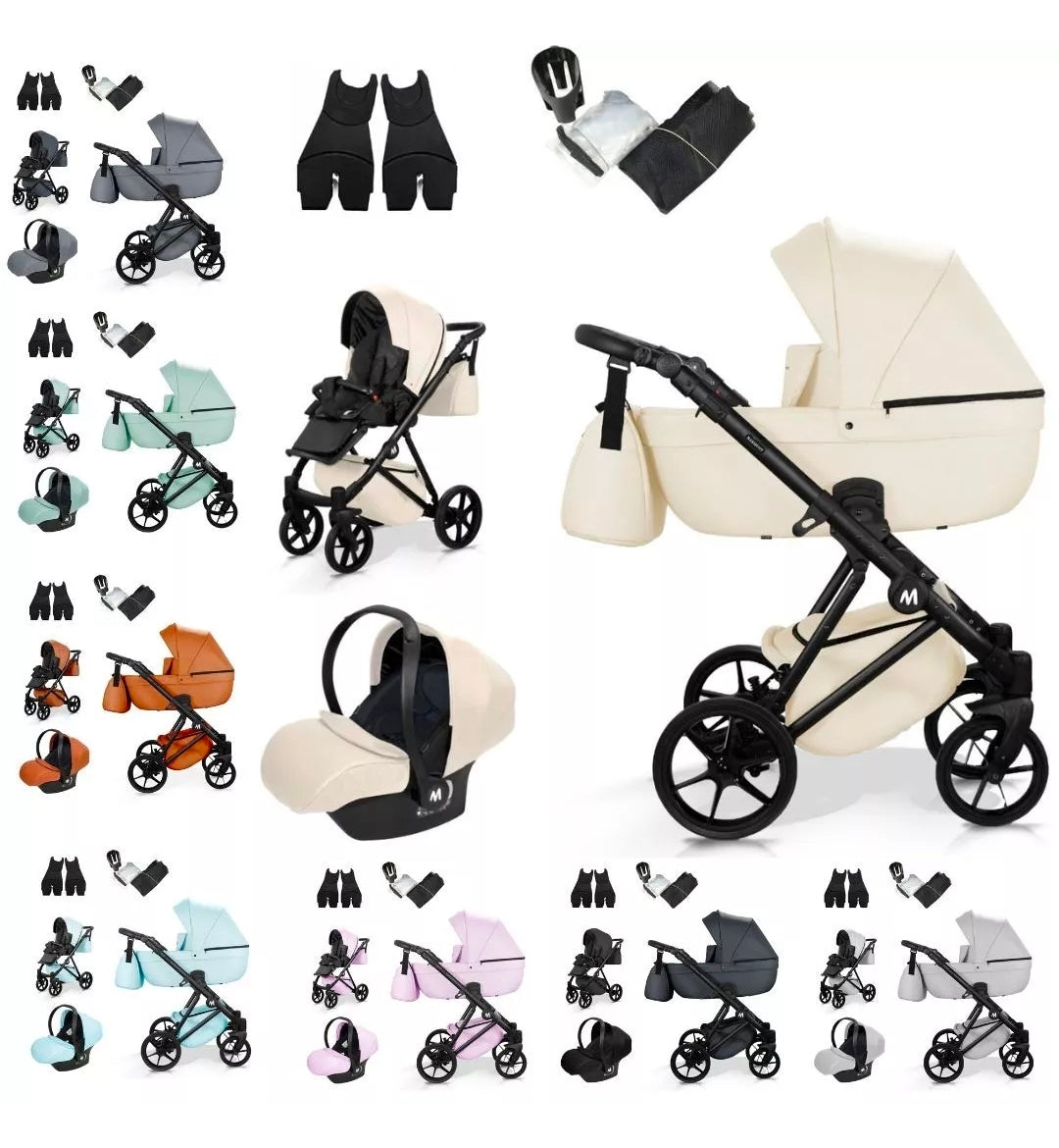 MOMMO HARMONY Kinderwagen 2in1/3in1/4in1 Öko-Leder – Cosmo I-Size-Sitz