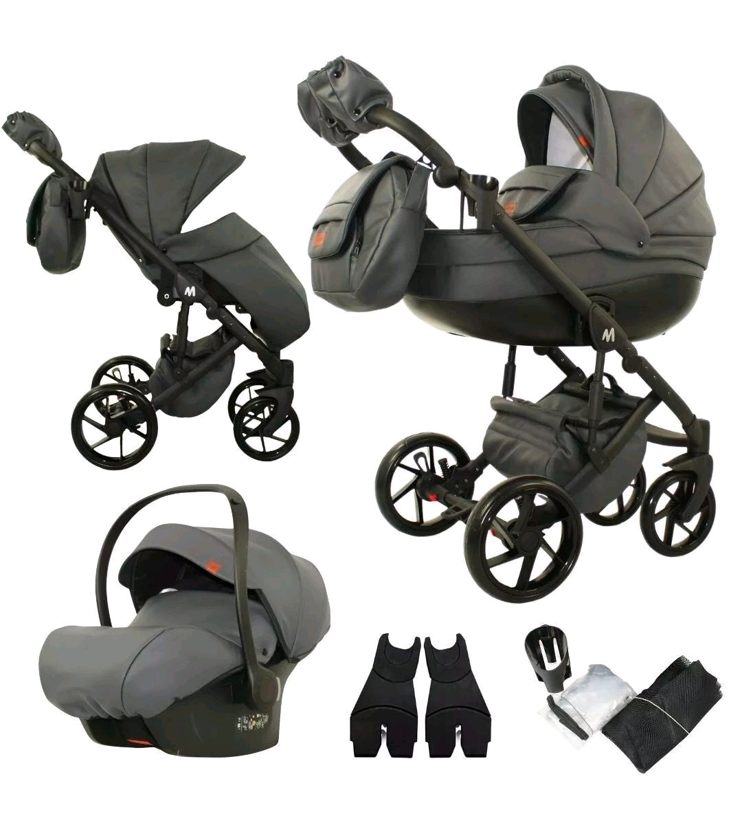 MOMMO AAA Kinderwagen 3in1 Öko-Leder – Cosmo I-Size-Sitz Schwarz/Gold plus