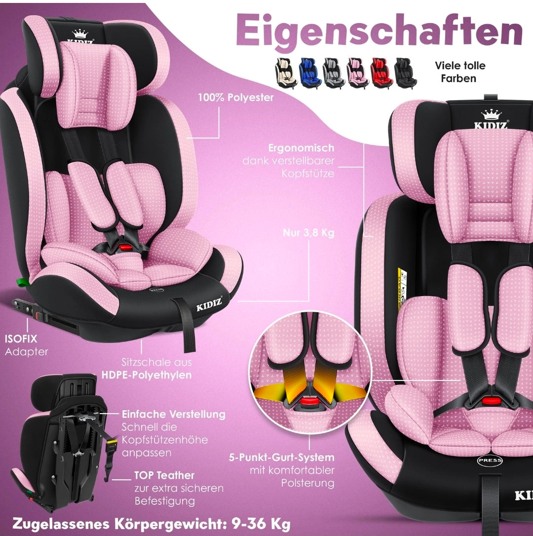 Kinderautositz 9kg-36 kg, 1-12 Jahre, Gruppe 1-2-3 Universal, Isofix