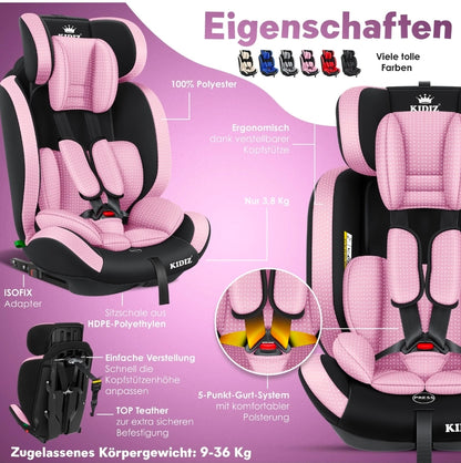 Kinderautositz 9kg-36 kg, 1-12 Jahre, Gruppe 1-2-3 Universal, Isofix