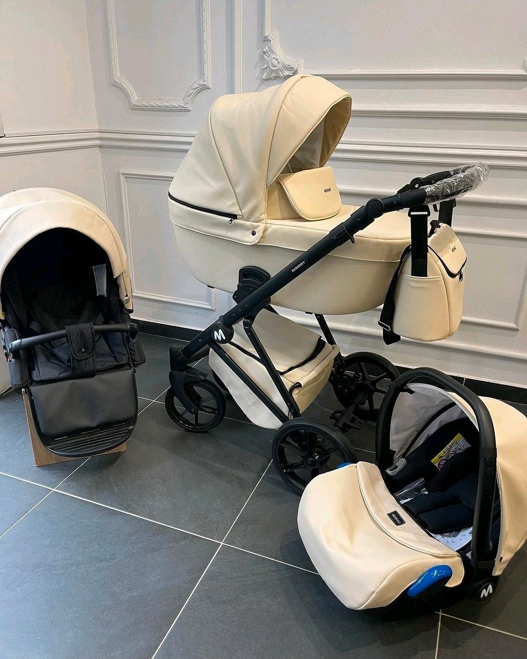 MOMMO HARMONY Kinderwagen 2in1/3in1/4in1 Öko-Leder – Cosmo I-Size-Sitz