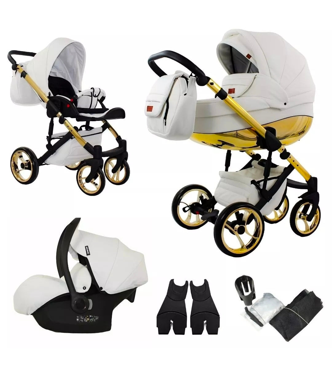 MOMMO AAA Kinderwagen 3in1 Öko-Leder – Cosmo I-Size-Sitz Schwarz/Gold plus