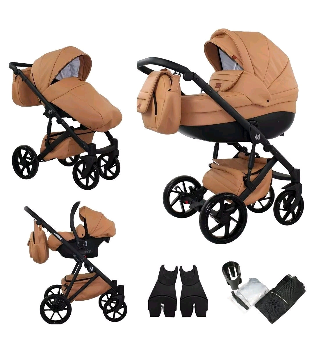 MOMMO AAA Kinderwagen 3in1 Öko-Leder – Cosmo I-Size-Sitz Schwarz/Gold plus