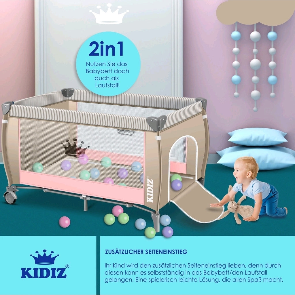 Kidiz® 4 in 1 baby bed travel cot with changing mat mosquito net